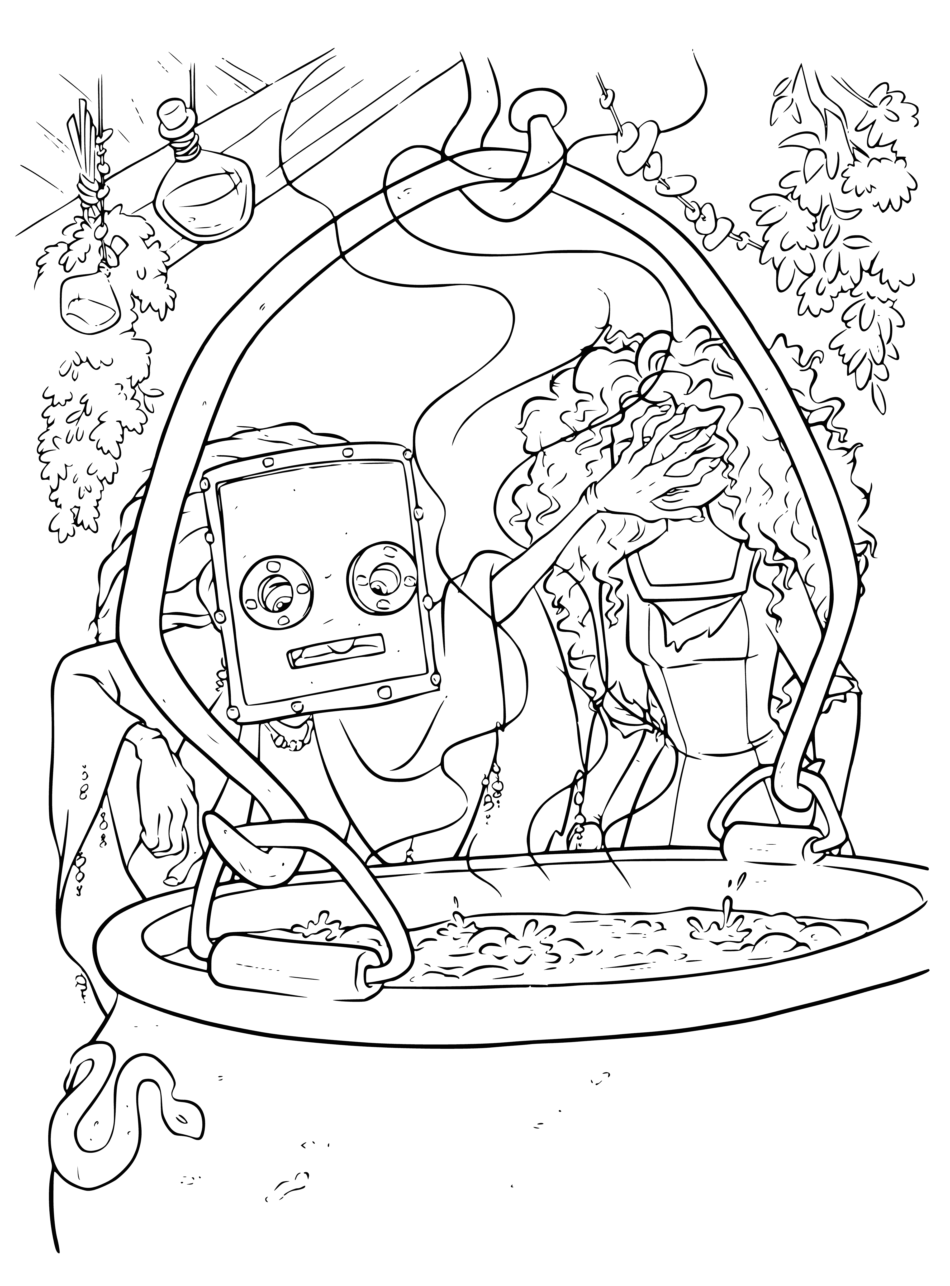 coloring page: Witch stirs black cauldron with black spoon, creating bubbling potion. She has dark hair, wearing black dress.