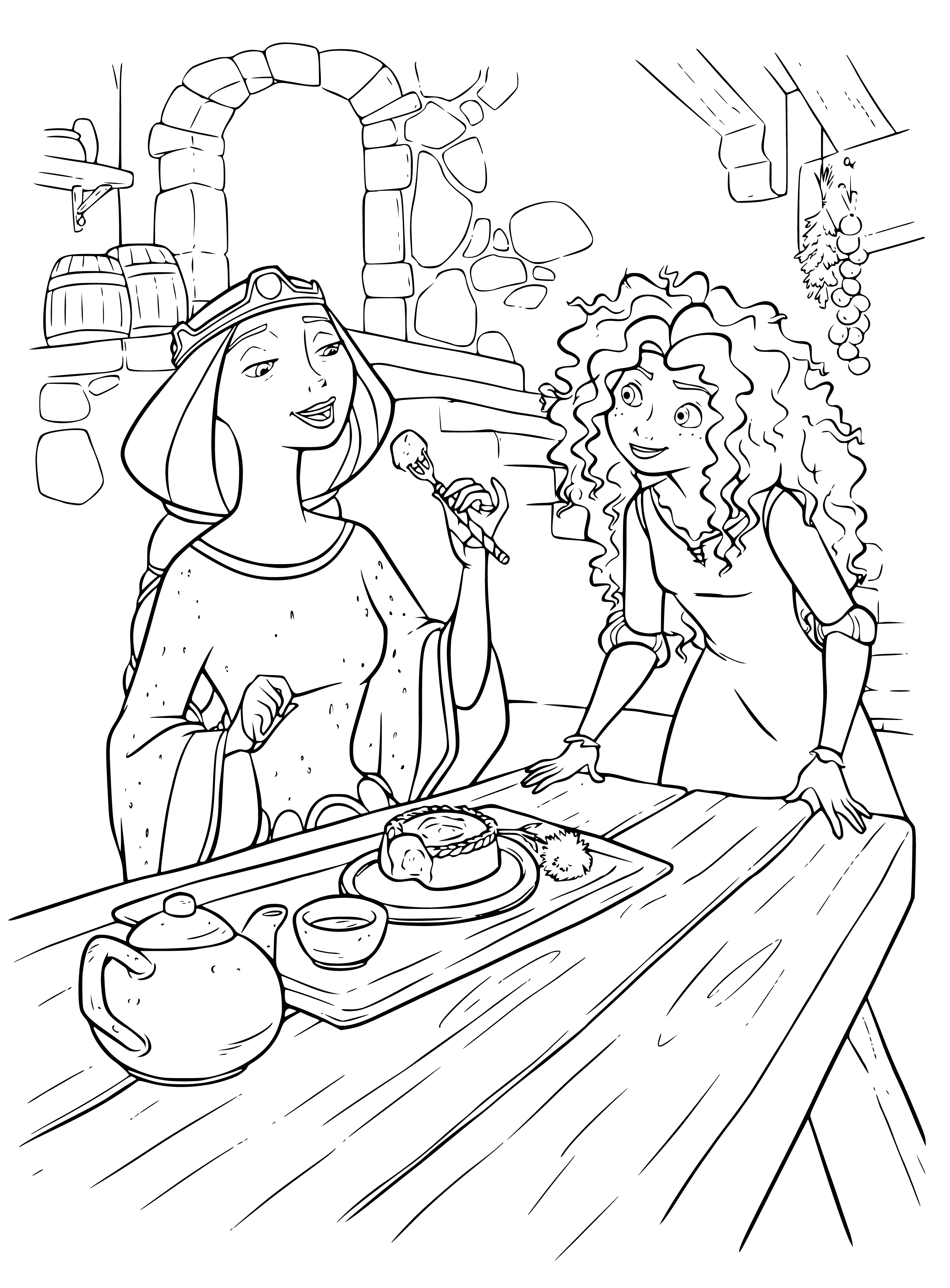 coloring page: Merida proudly presents a cake to her mom, smiling despite her mom's stern demeanor.