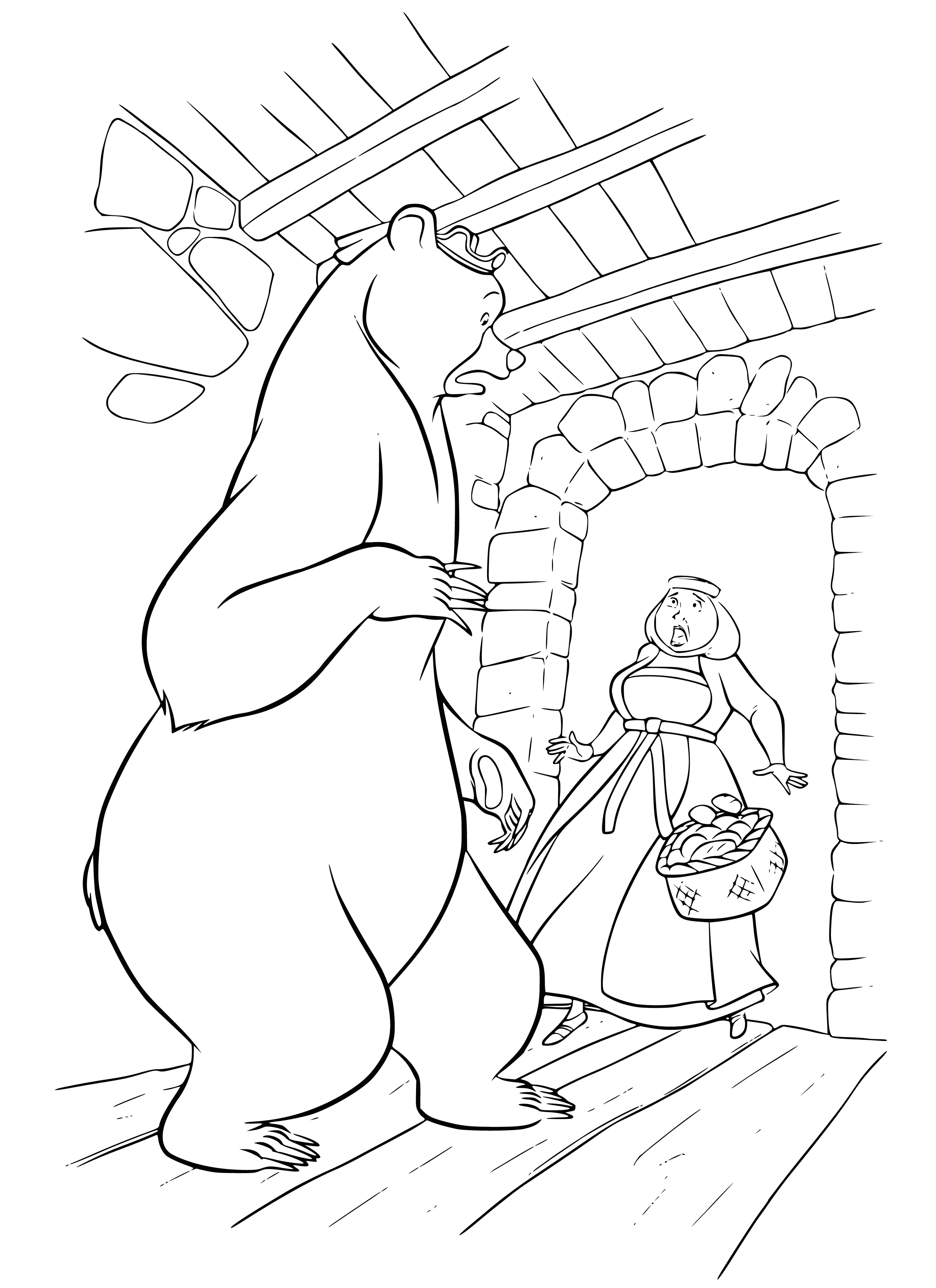 coloring page: A queen with a bear's head rests motionless, wearing regal clothing and a circlet. Her claws and fangs are bared, eyes closed. #fantasy