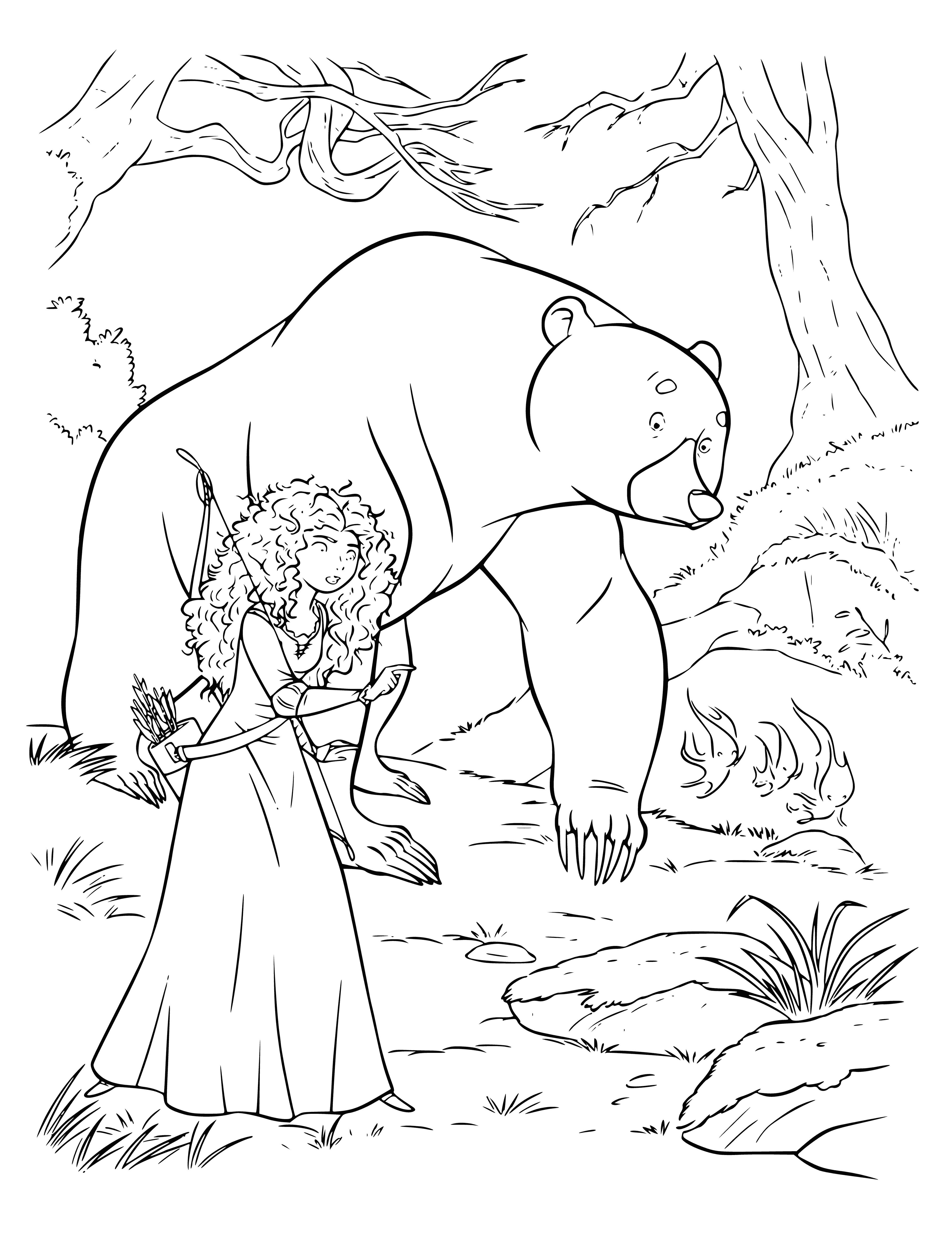 coloring page: In a forest, Merida and a bear walk, looking around; Merida holds a bow and arrow.