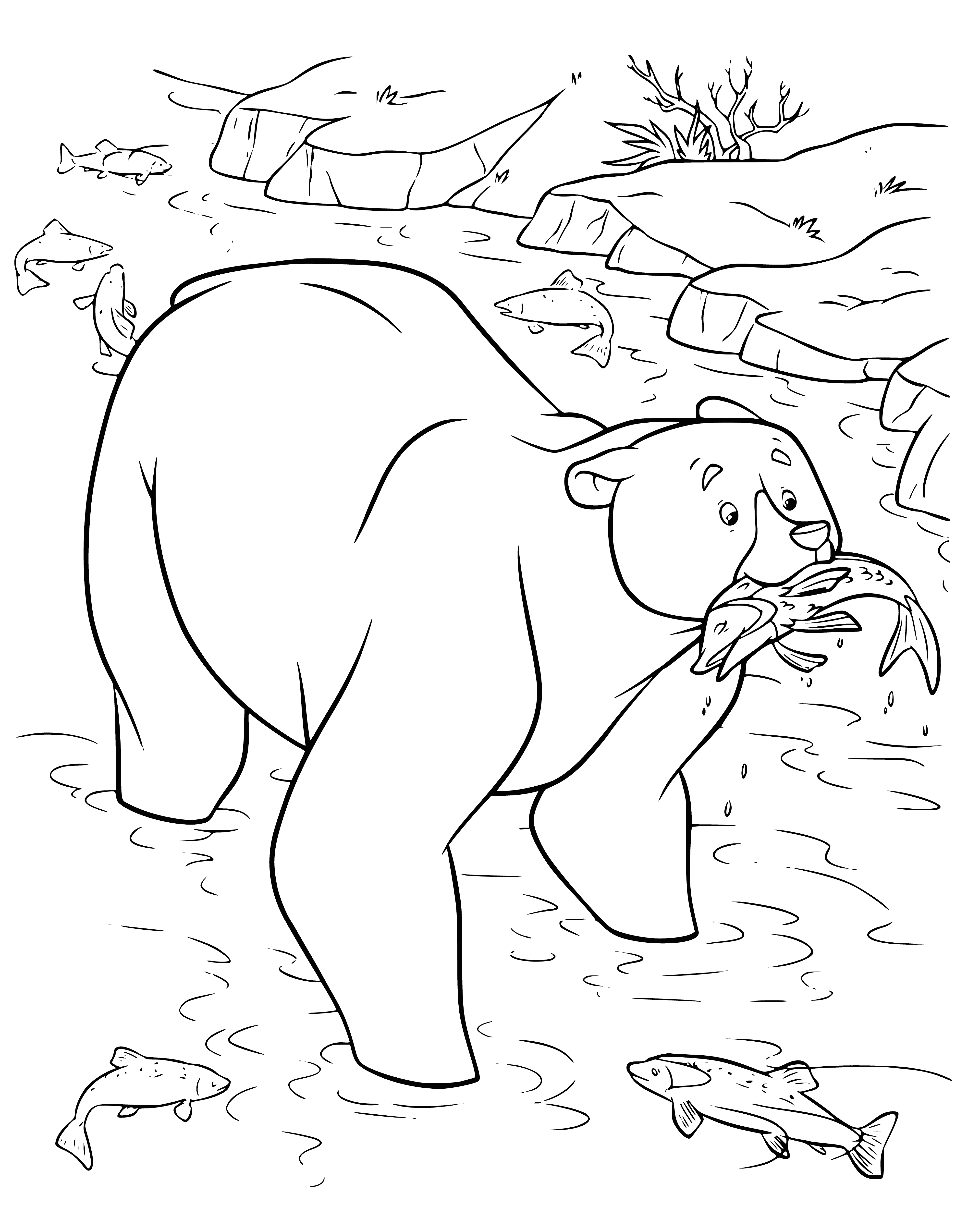 coloring page: She-bear eats fish in river; one paw ready to take a bite.