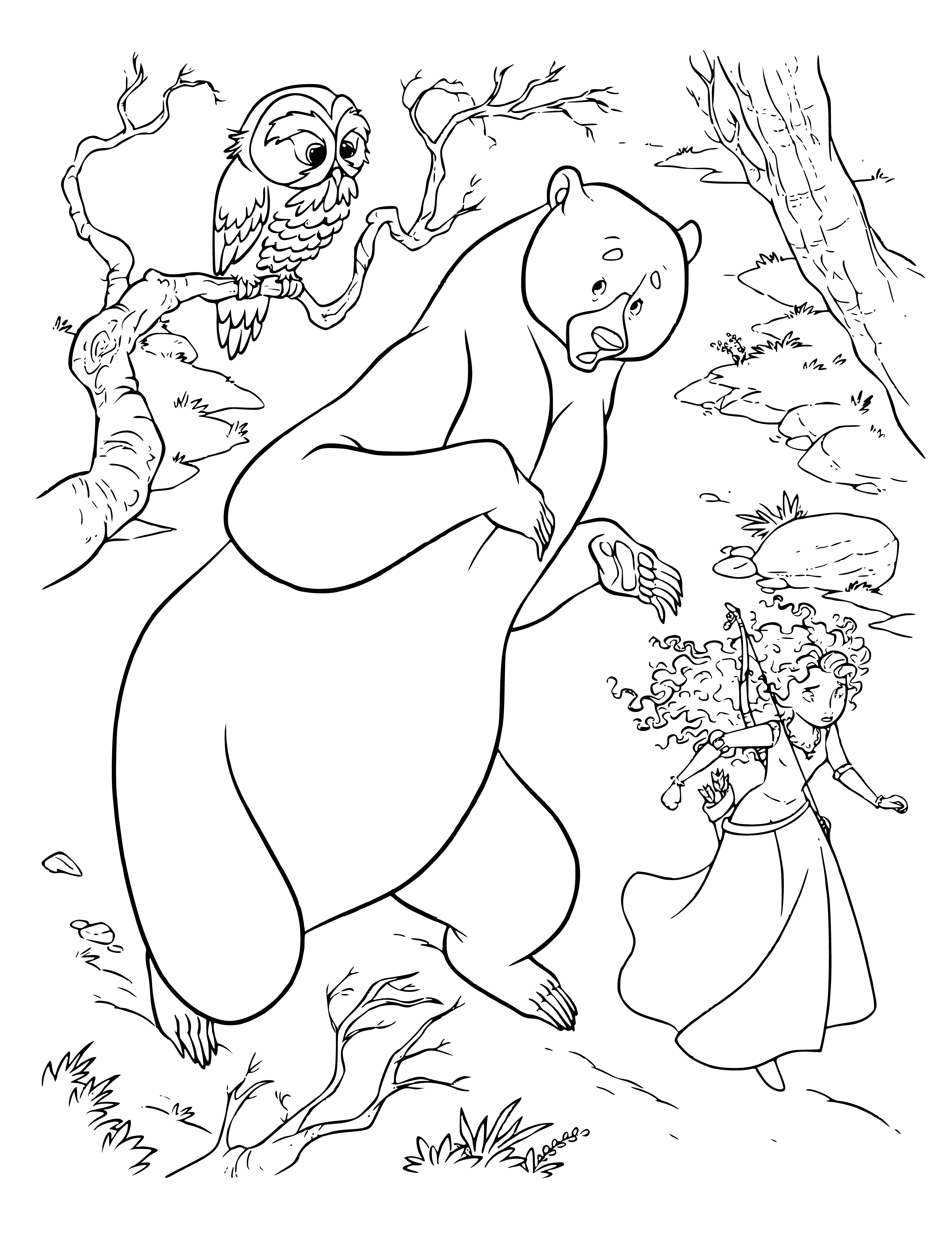 coloring page: Girl w/ curly red hair in green dress speaks to standing brown bear in forest; they appear to be talking.