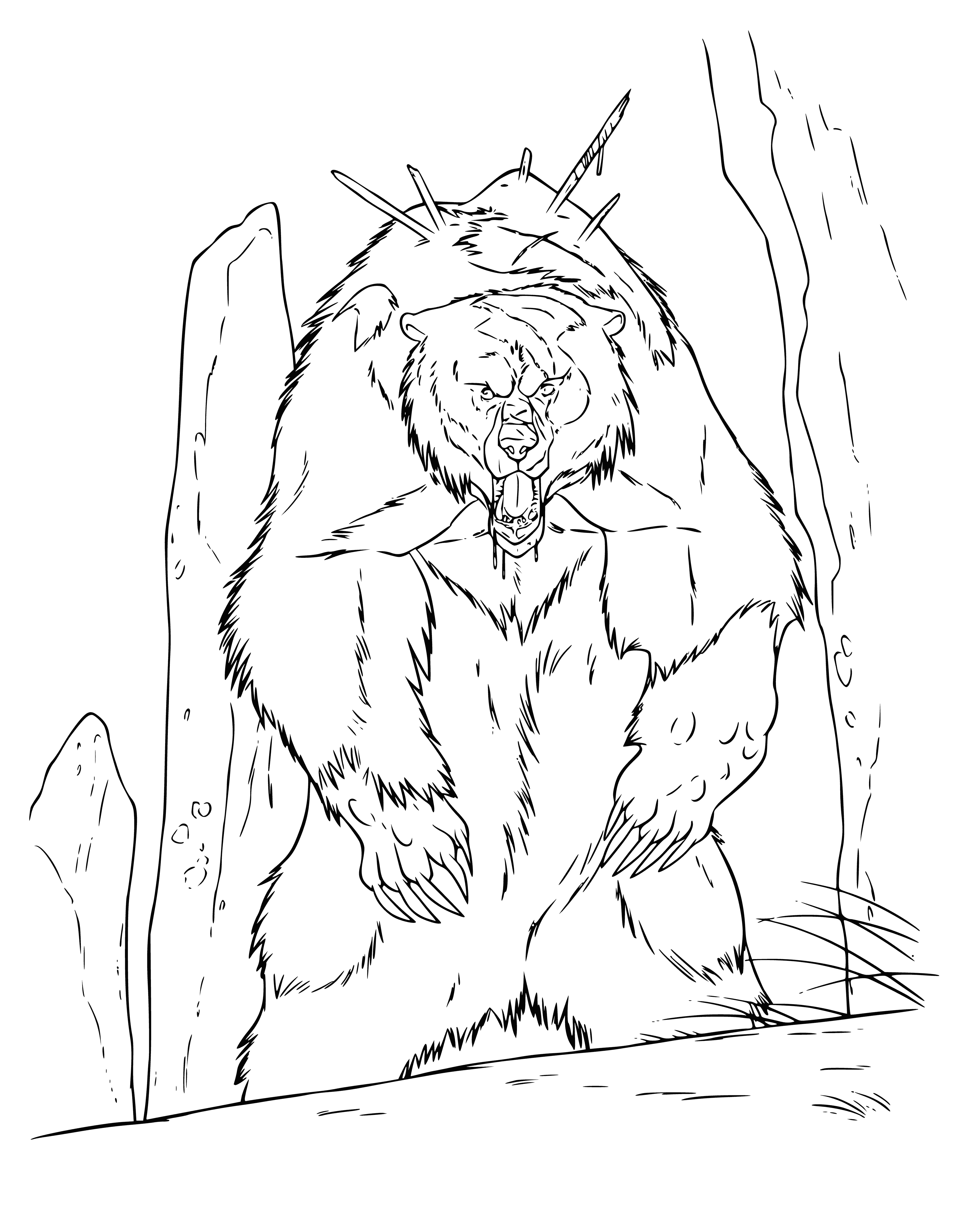 coloring page: A light brown bear with tan muzzle, black strap, closed eyes, & open mouth showing teeth.