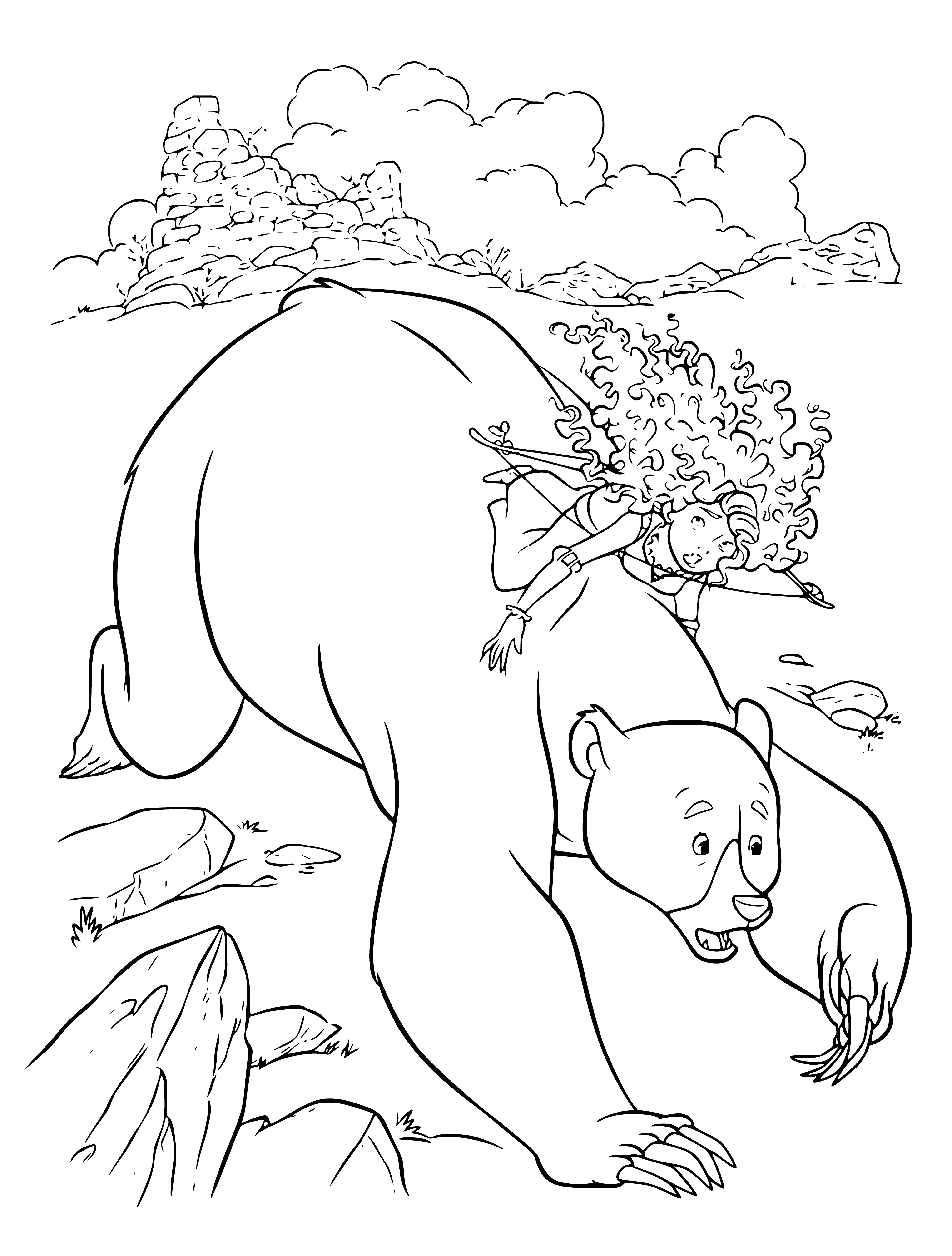 coloring page: Rick stands before a fierce creature with light brown fur, many teeth, a long tail and standing tall. Elinor & Merida watch, fearful.