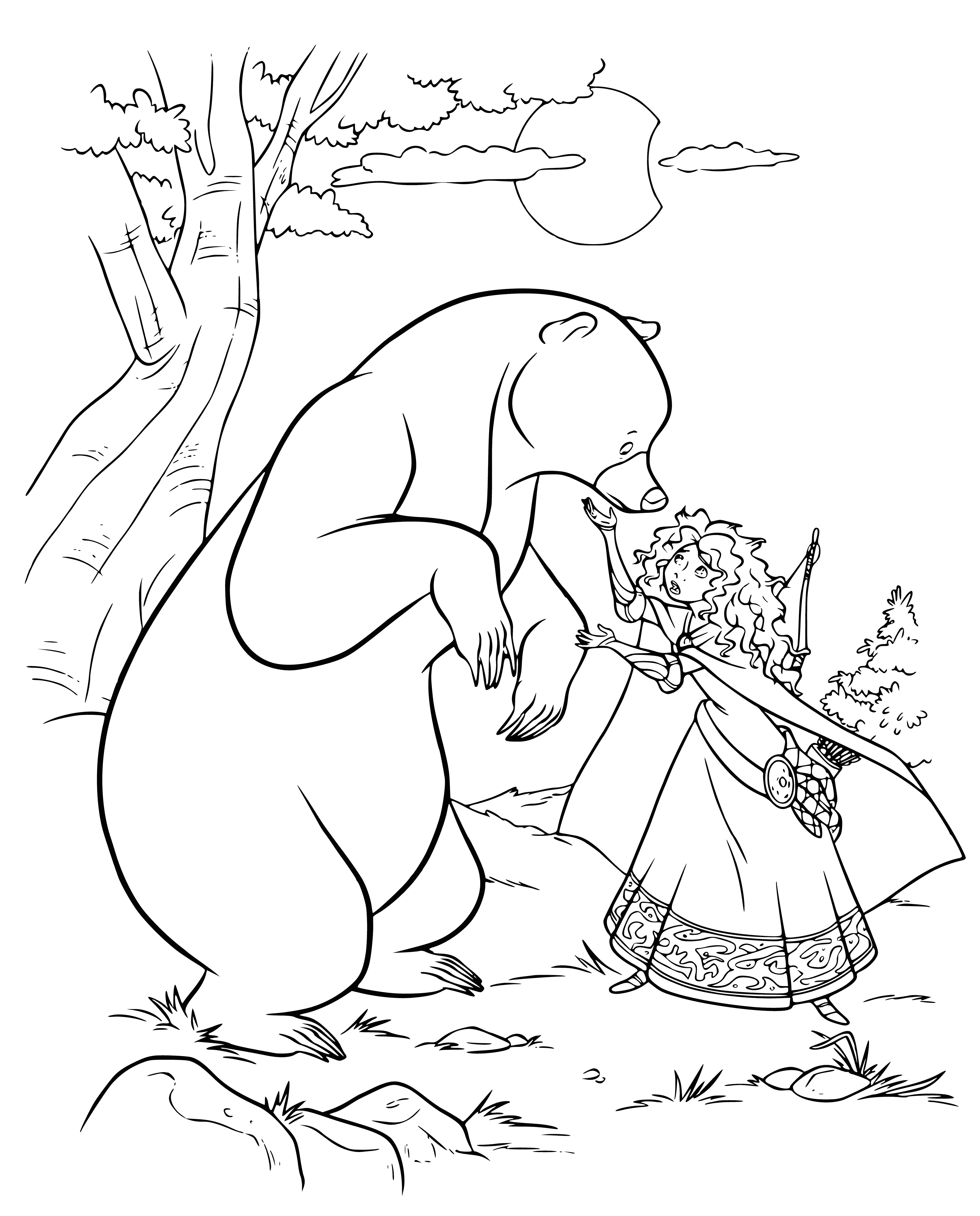 coloring page: Merida apologizes to the bear queen, who looks unyielding.