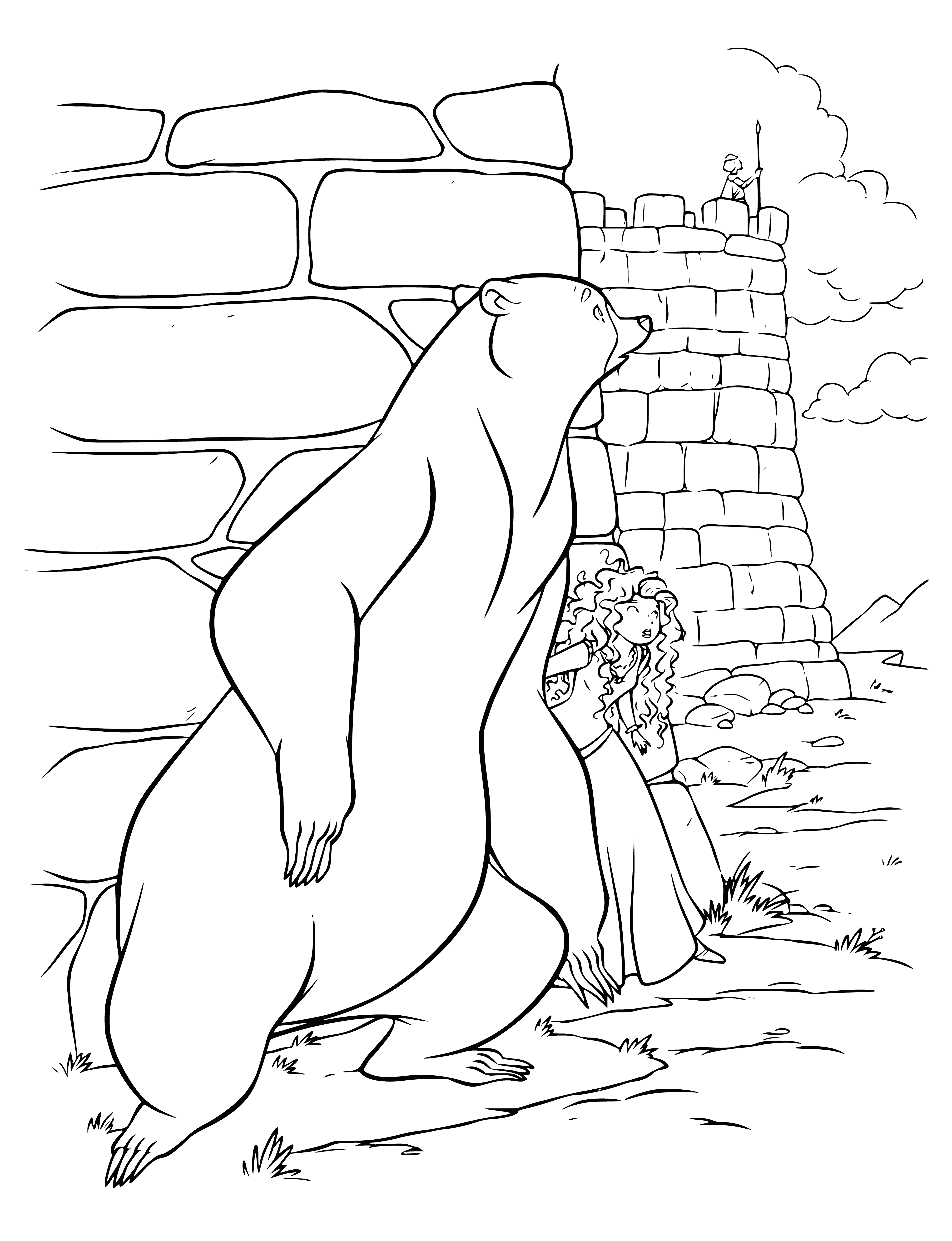 coloring page: Queen and Princess Merida hiding in dark forest; tall trees provide cover from unknown menace.