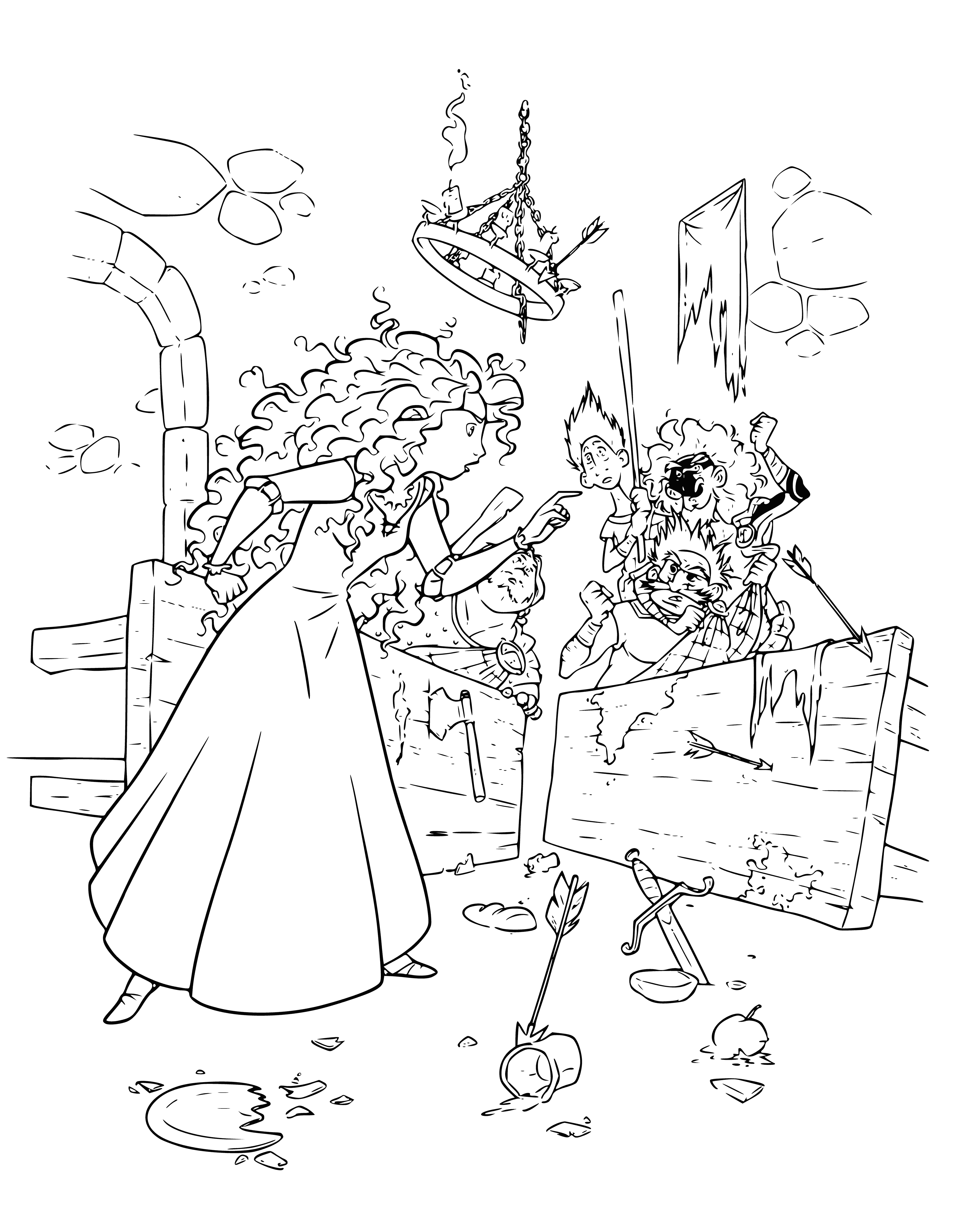 coloring page: Princess Merida, surrounded by four angry lords, stands resolute in front of a hearth. Her calm, determined expression is met with varying reactions by the lords.