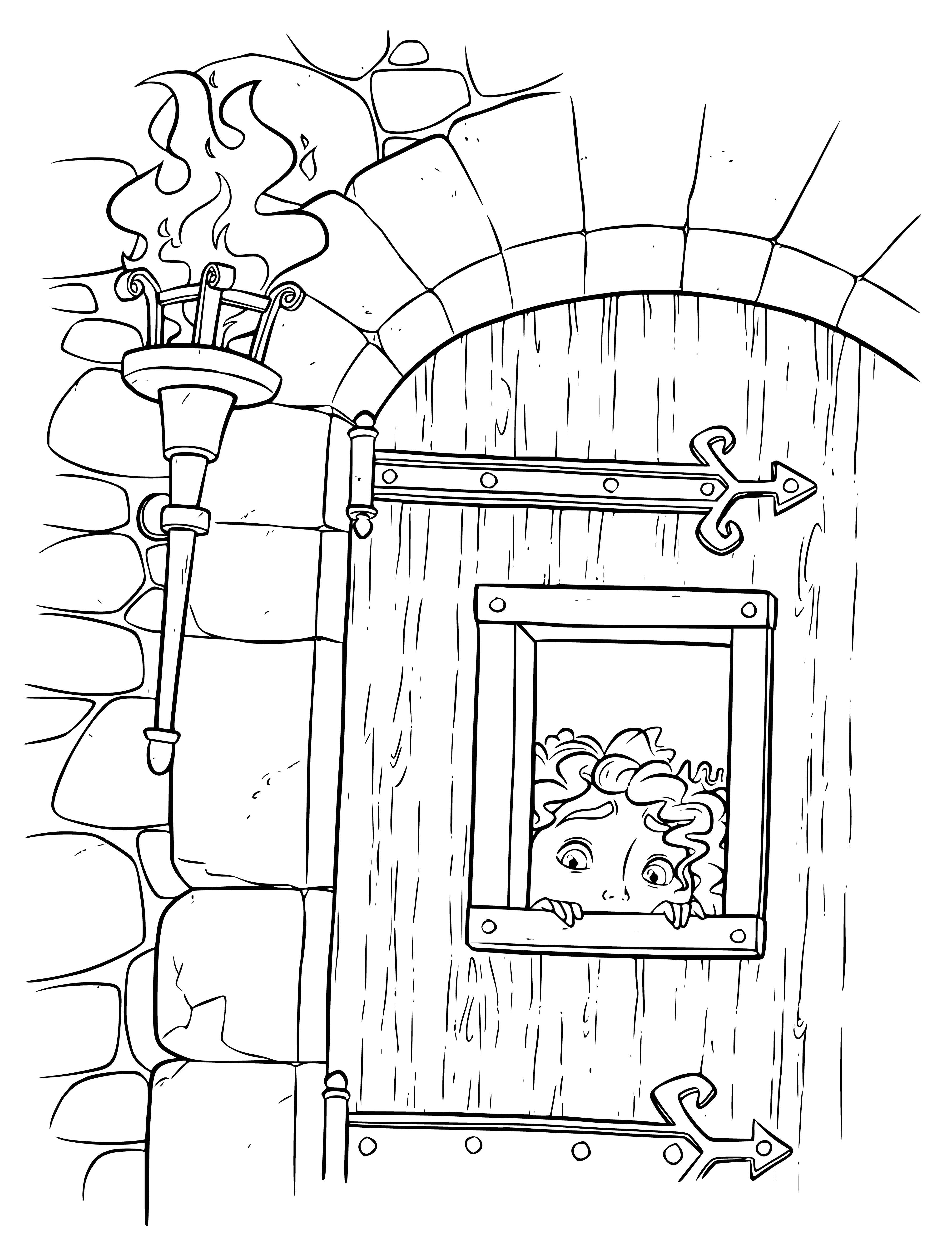 coloring page: Merida is locked in a room, sitting on the floor with her head down, knees pulled up to her chest.