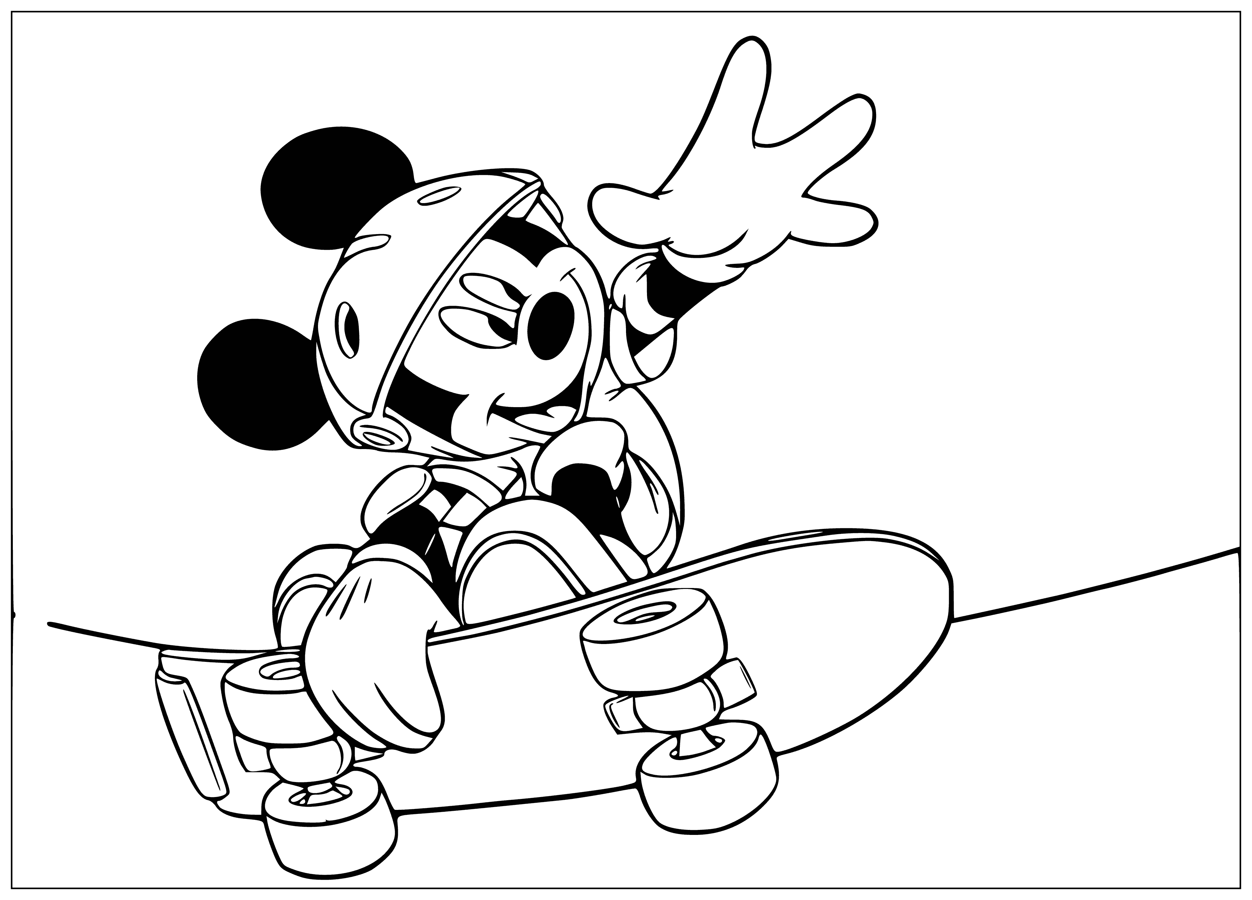 coloring page: Mickey, Minnie, and Donald skate together on blue, red, and black boards with coordinating outfits! #SkateCrew
