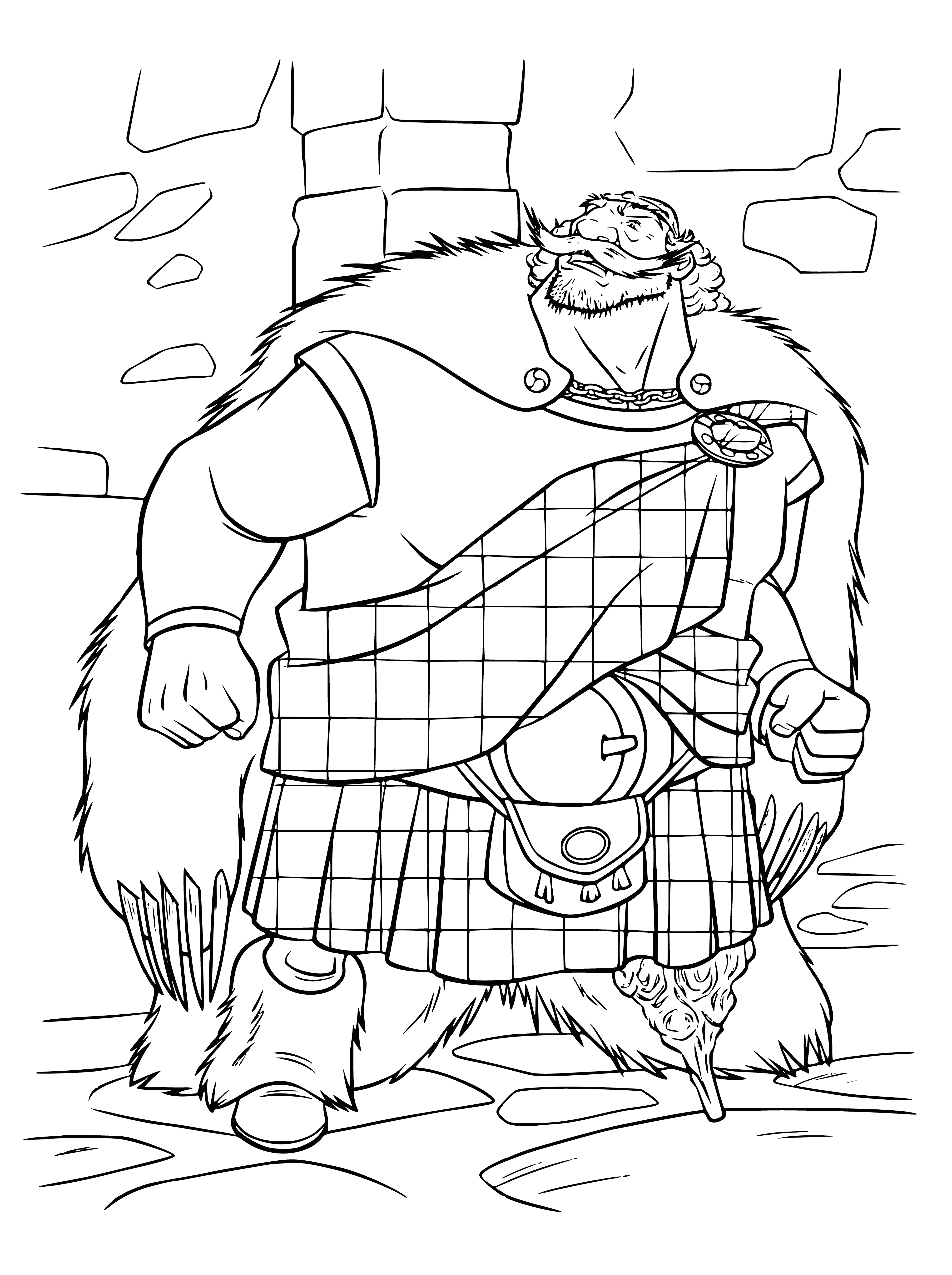 coloring page: A muscular man in a kilt & tunic confidently stares ahead. He holds a large sword & stands before a castle.