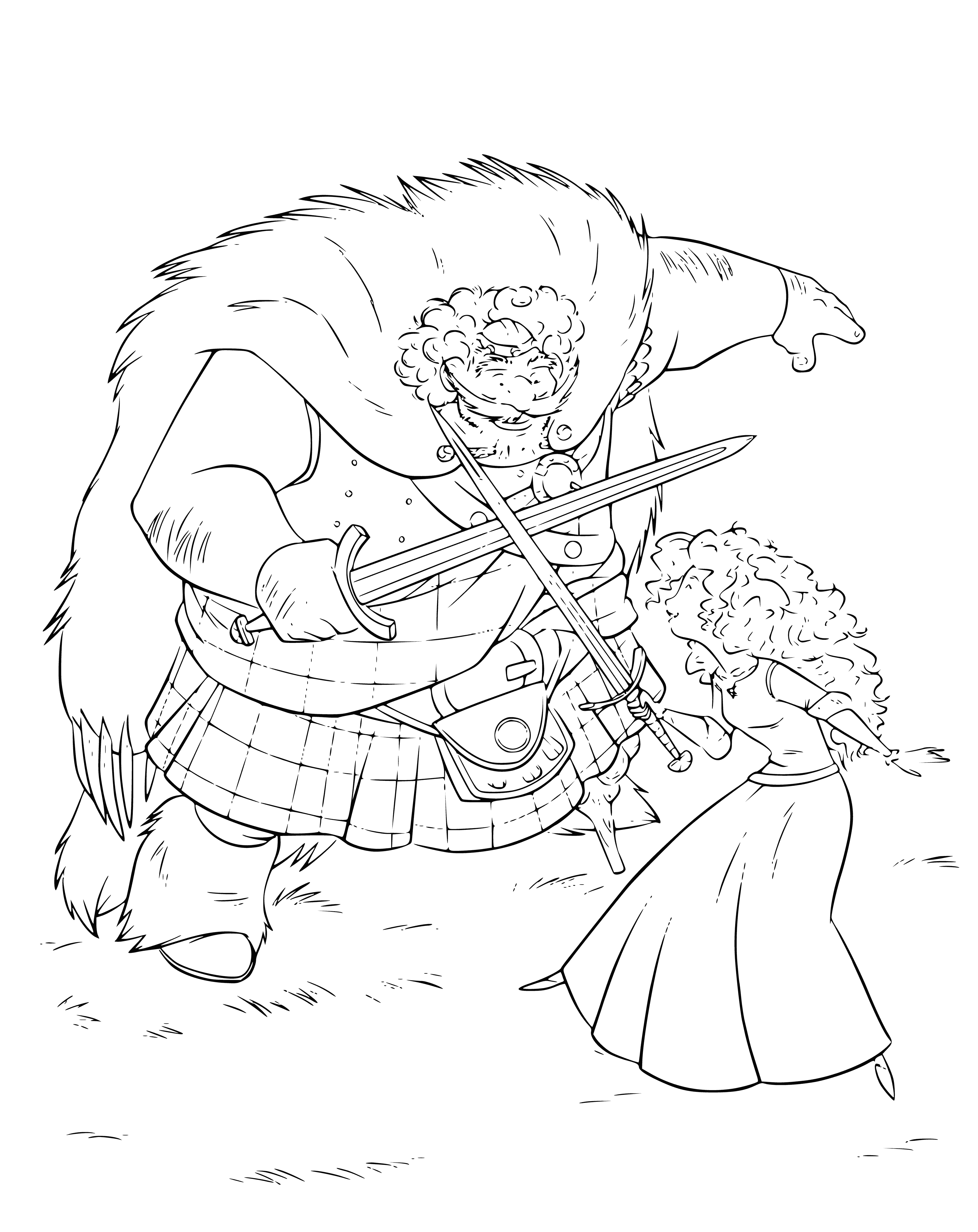 coloring page: King trains Princess Merida in archery, teaching her to shoot an arrow.