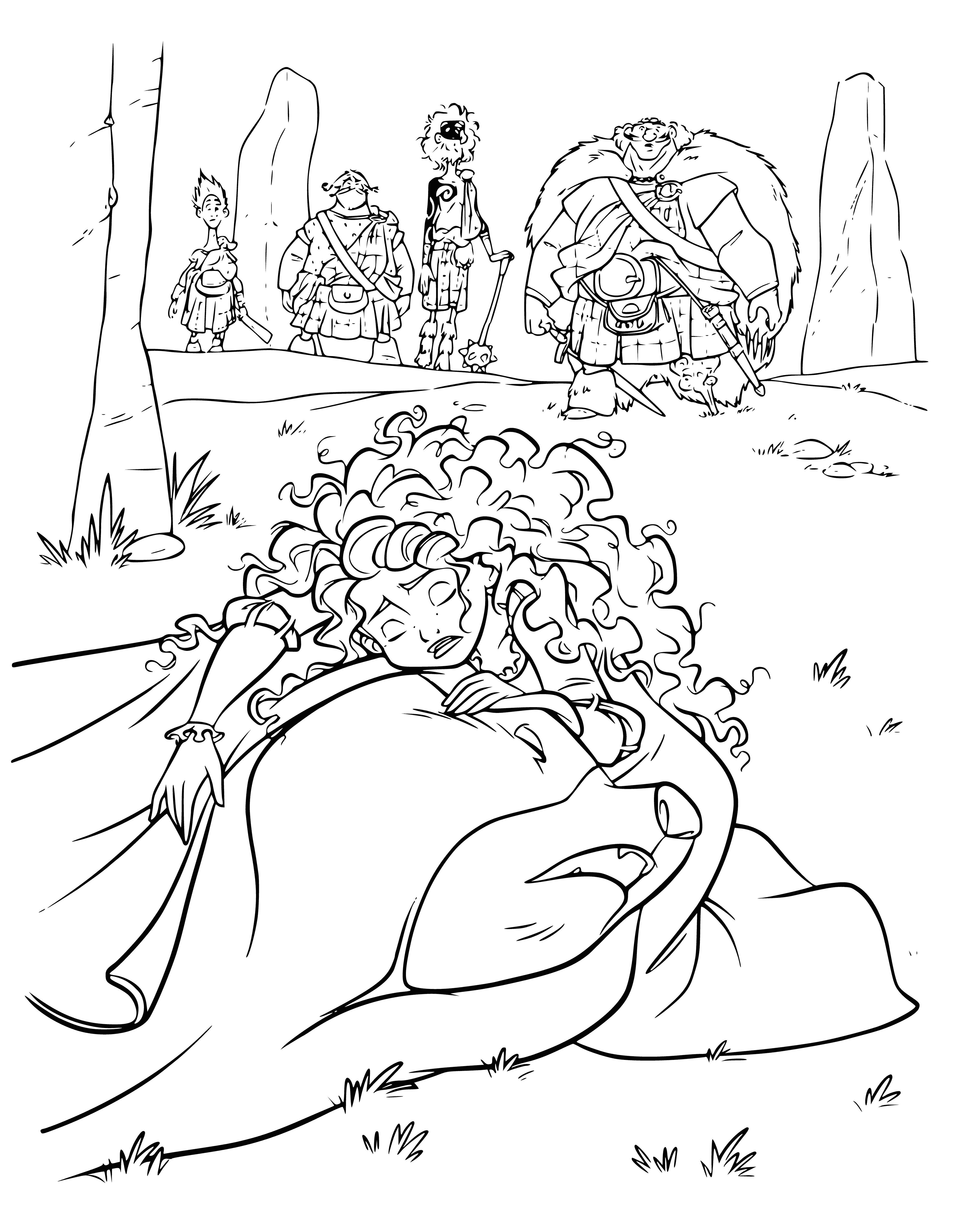 coloring page: Merida covers bear with tapestry featuring knight battling dragon with sword & shield; dragon roaring, smoke from nostrils.