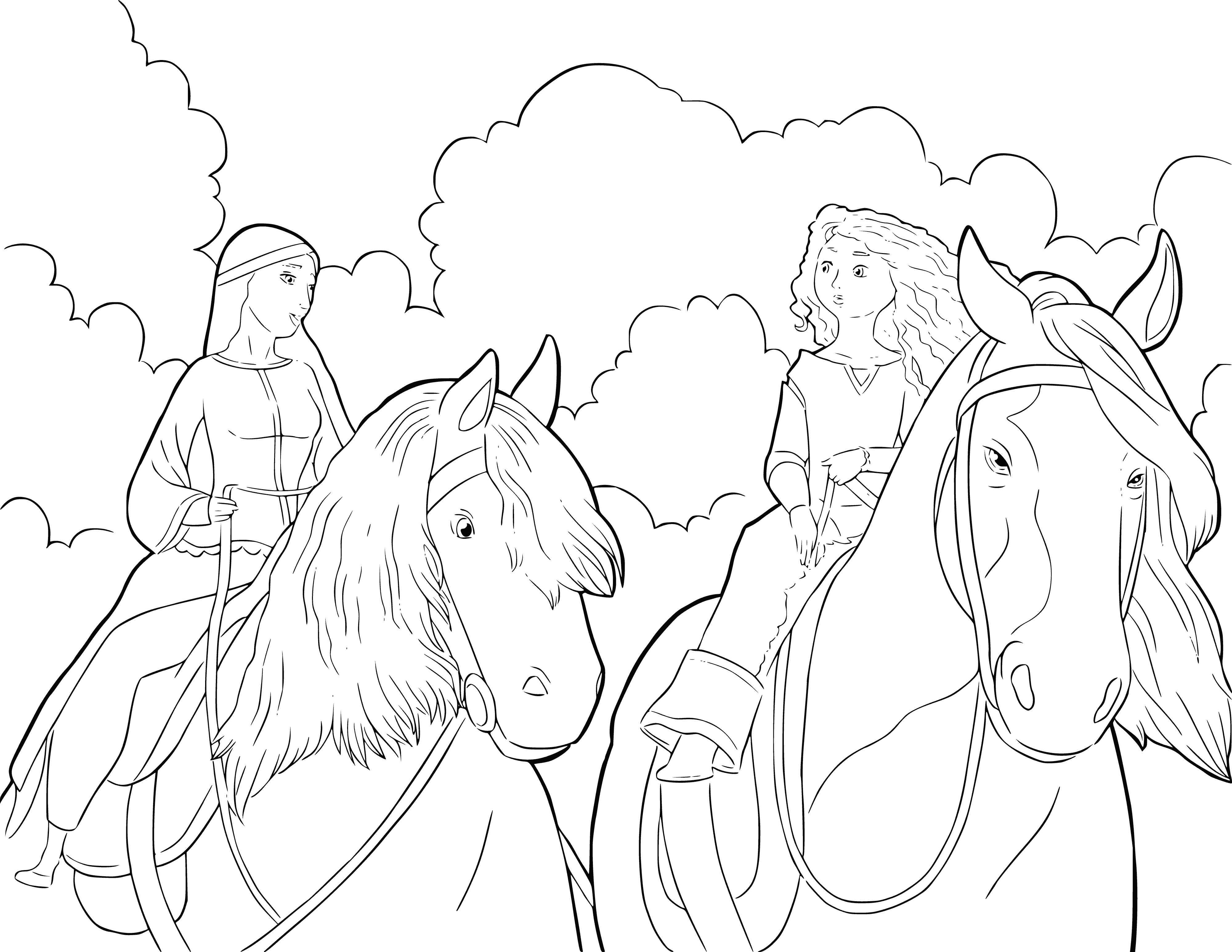 coloring page: Queen Elinor & Princess Merida: Elinor stands proud while Merida strings her bow with a fiery expression & wind-blown red hair.