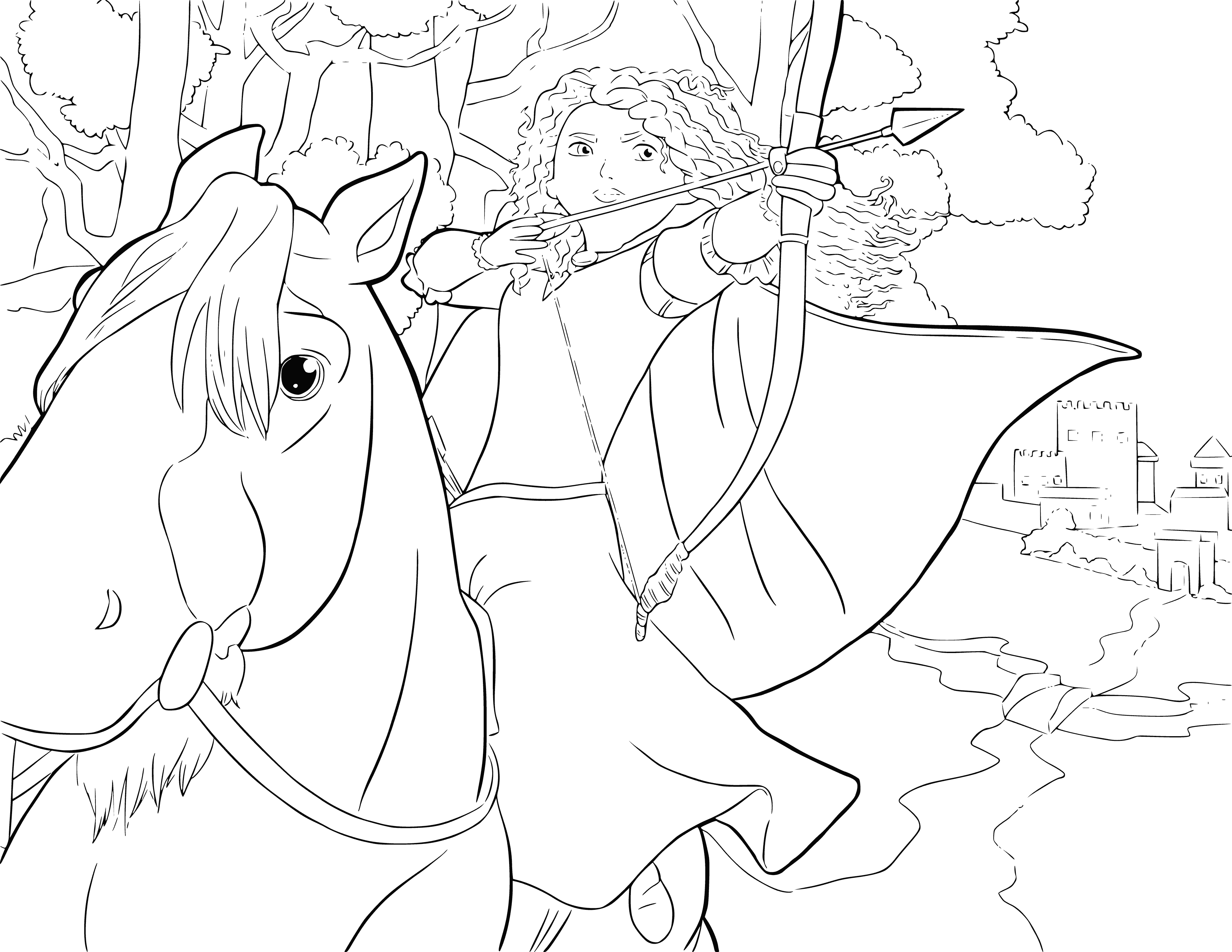 Merida with a bow in her hands coloring page