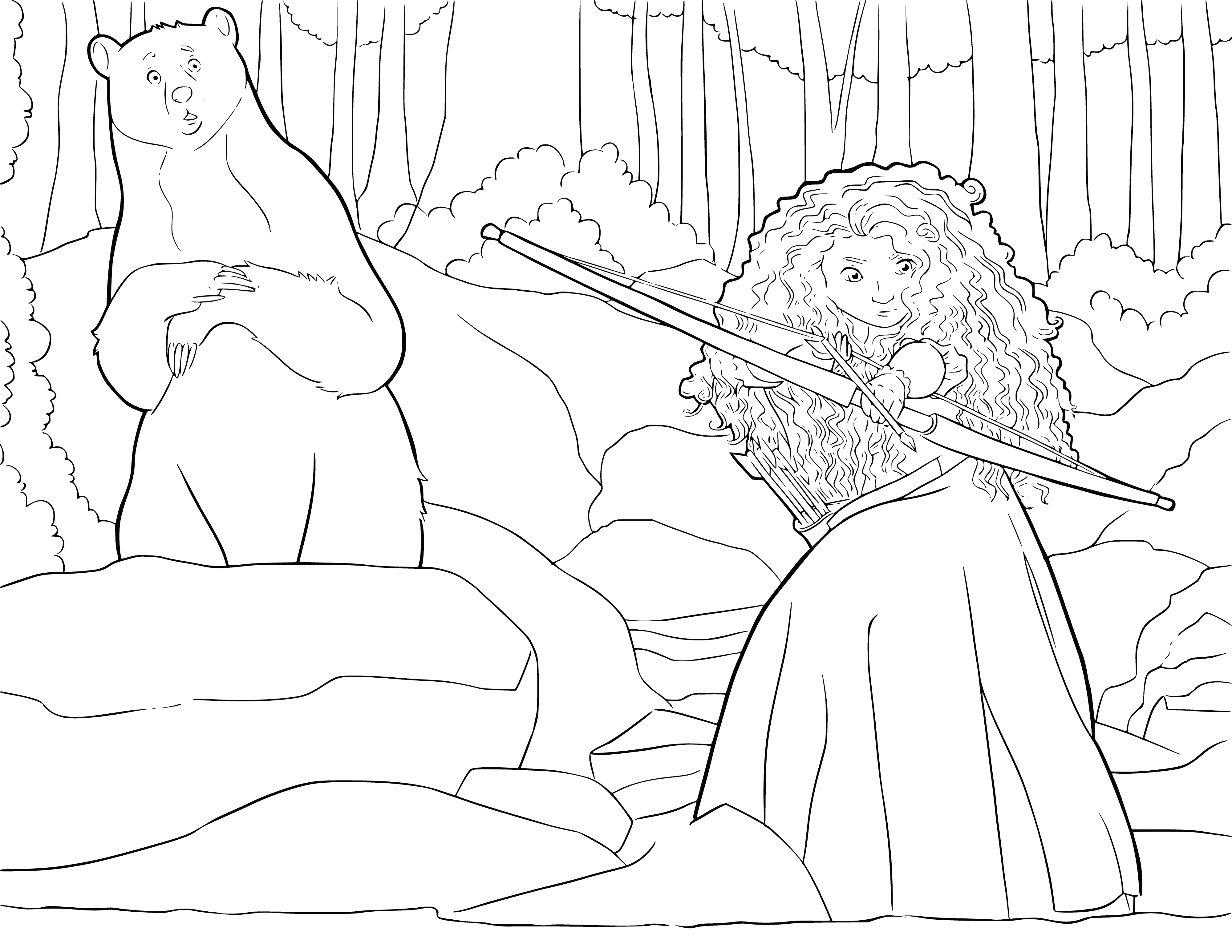 coloring page: Girl with bow & arrows stands in a forest, ready to shoot 3 arrows at target.