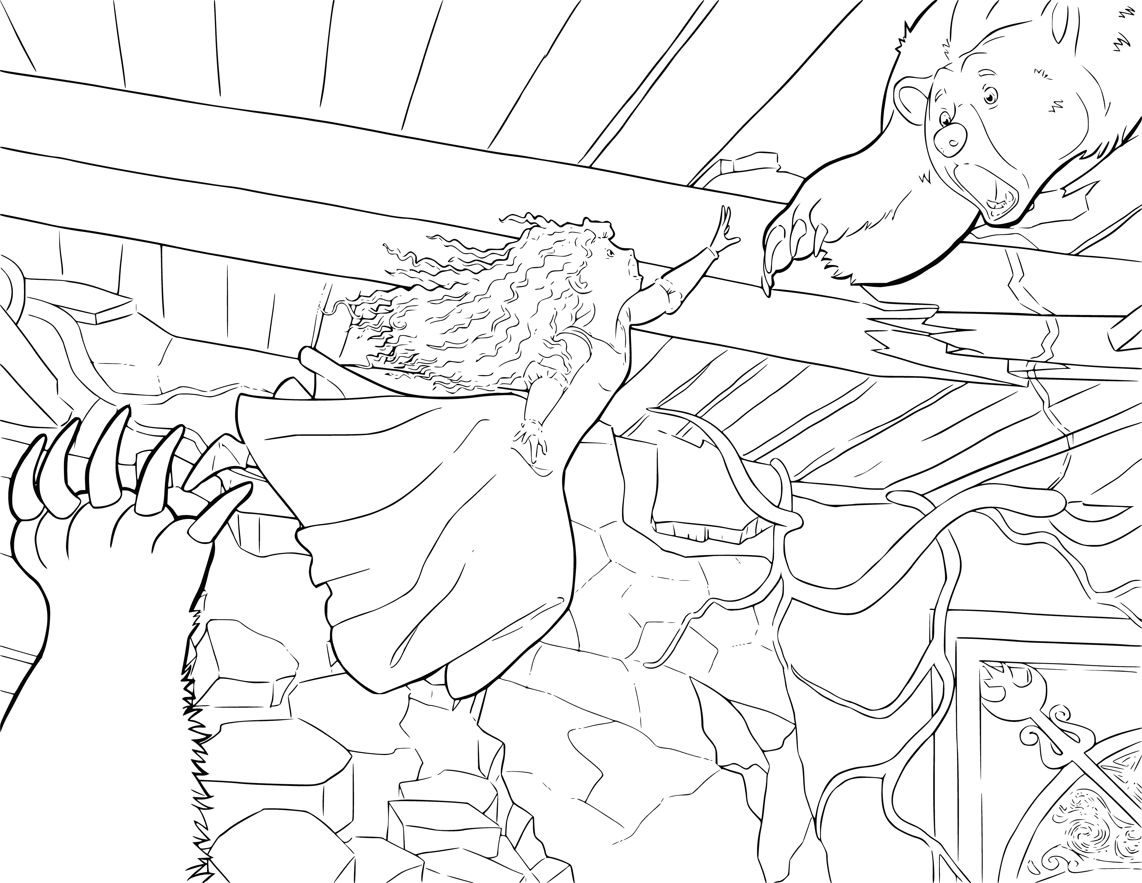 coloring page: Mother saving daughter with a sword & breaking muzzle; daughter holds onto mother's dress.