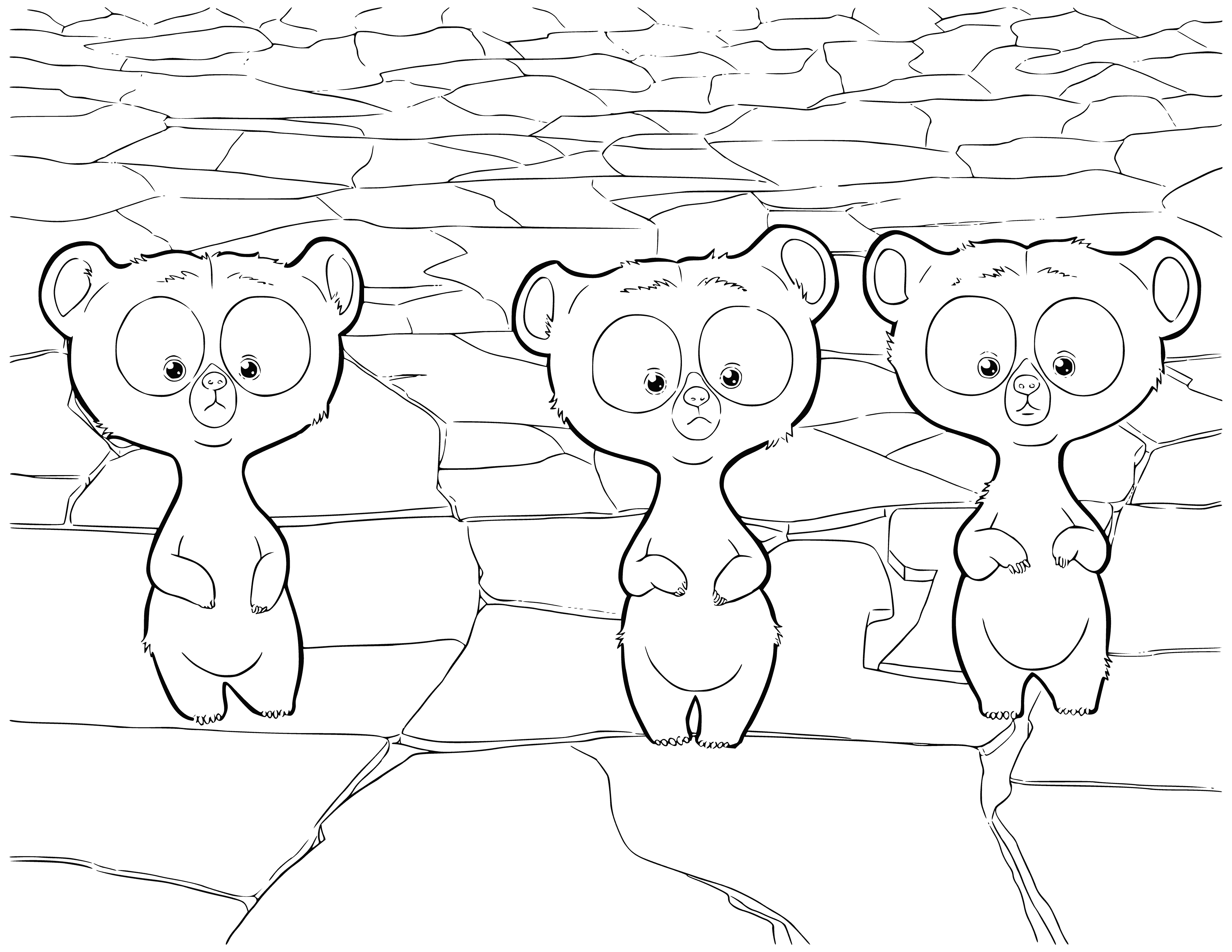 coloring page: 3 boys with bear bodies explore a thick forest, near a castle.