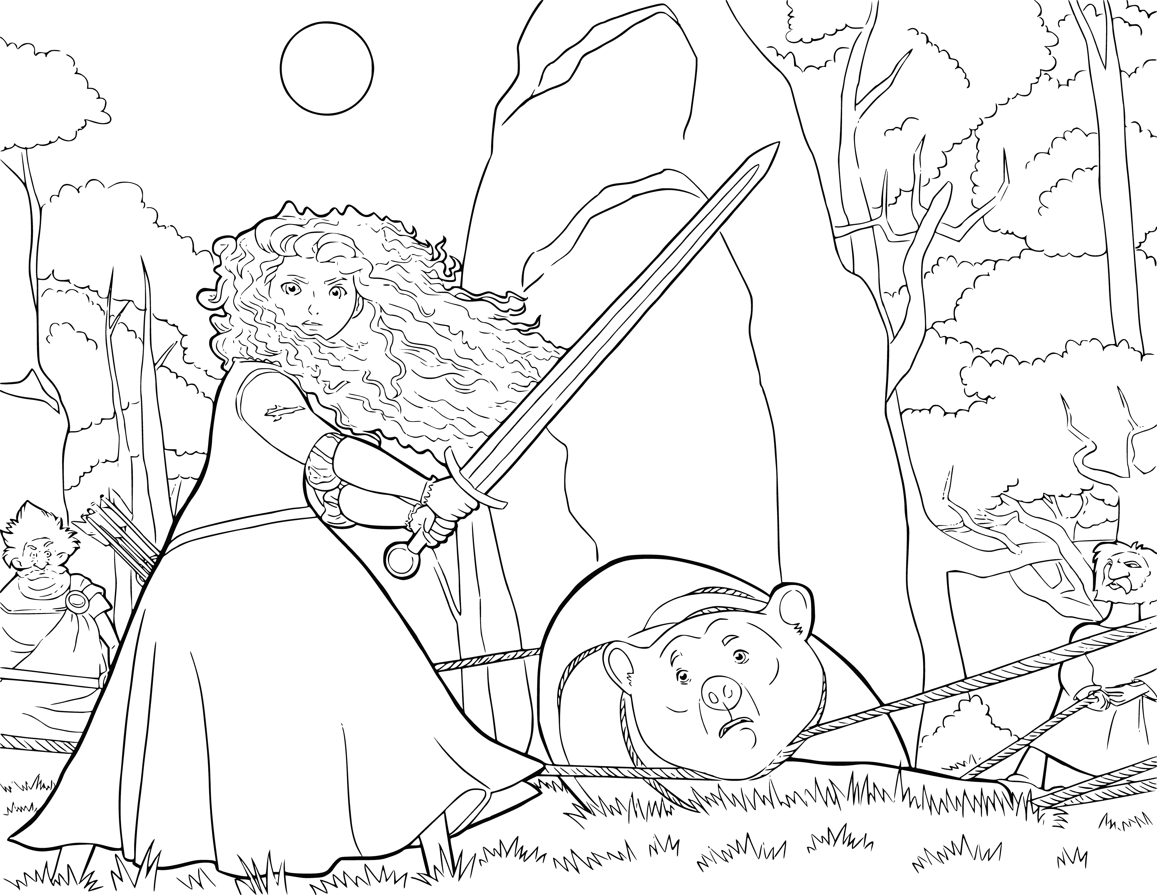 coloring page: Merida fights an ogre to save her mother, looking determined and brave.