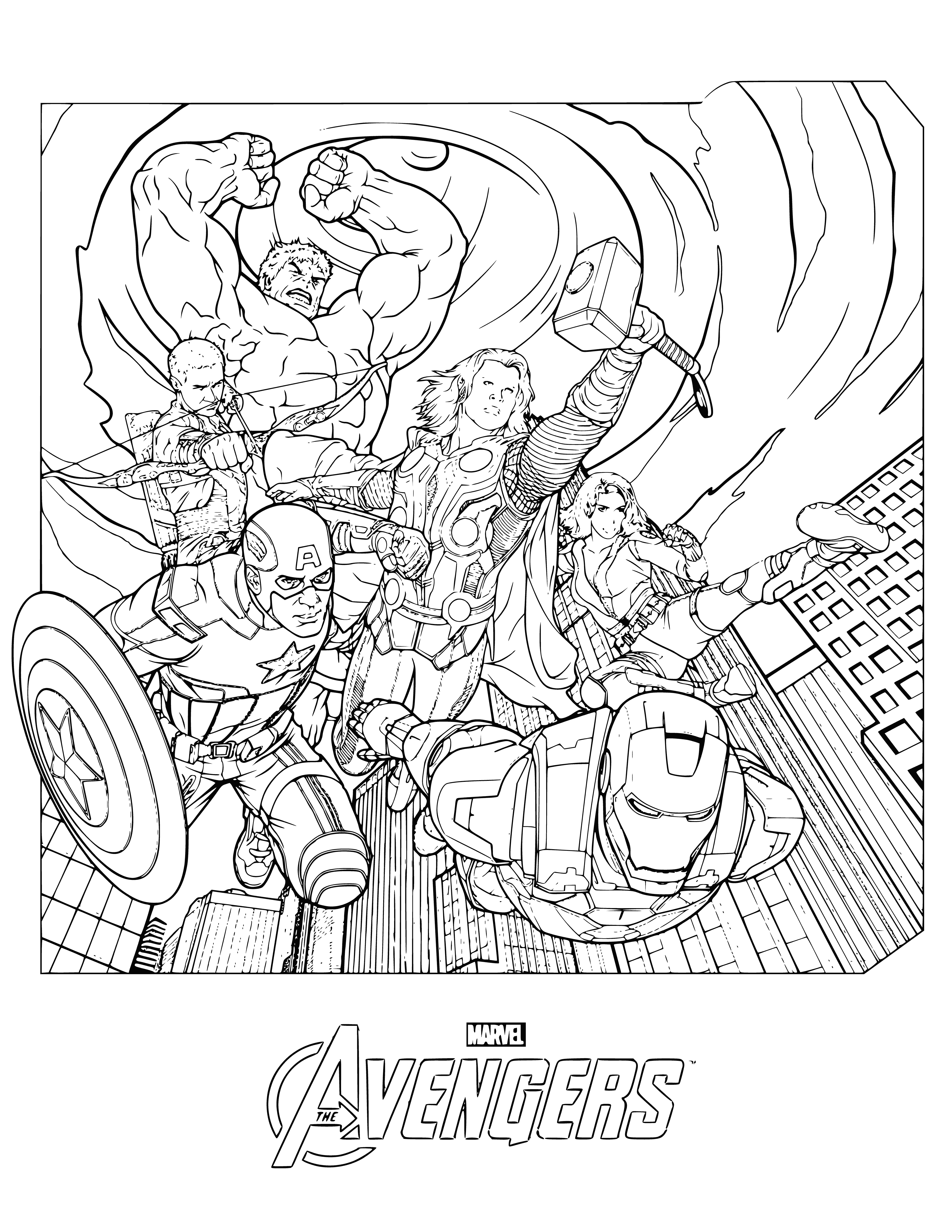 coloring page: Five men in tight clothes stand in a row before a large, dark structure with a cityscape in the foreground.