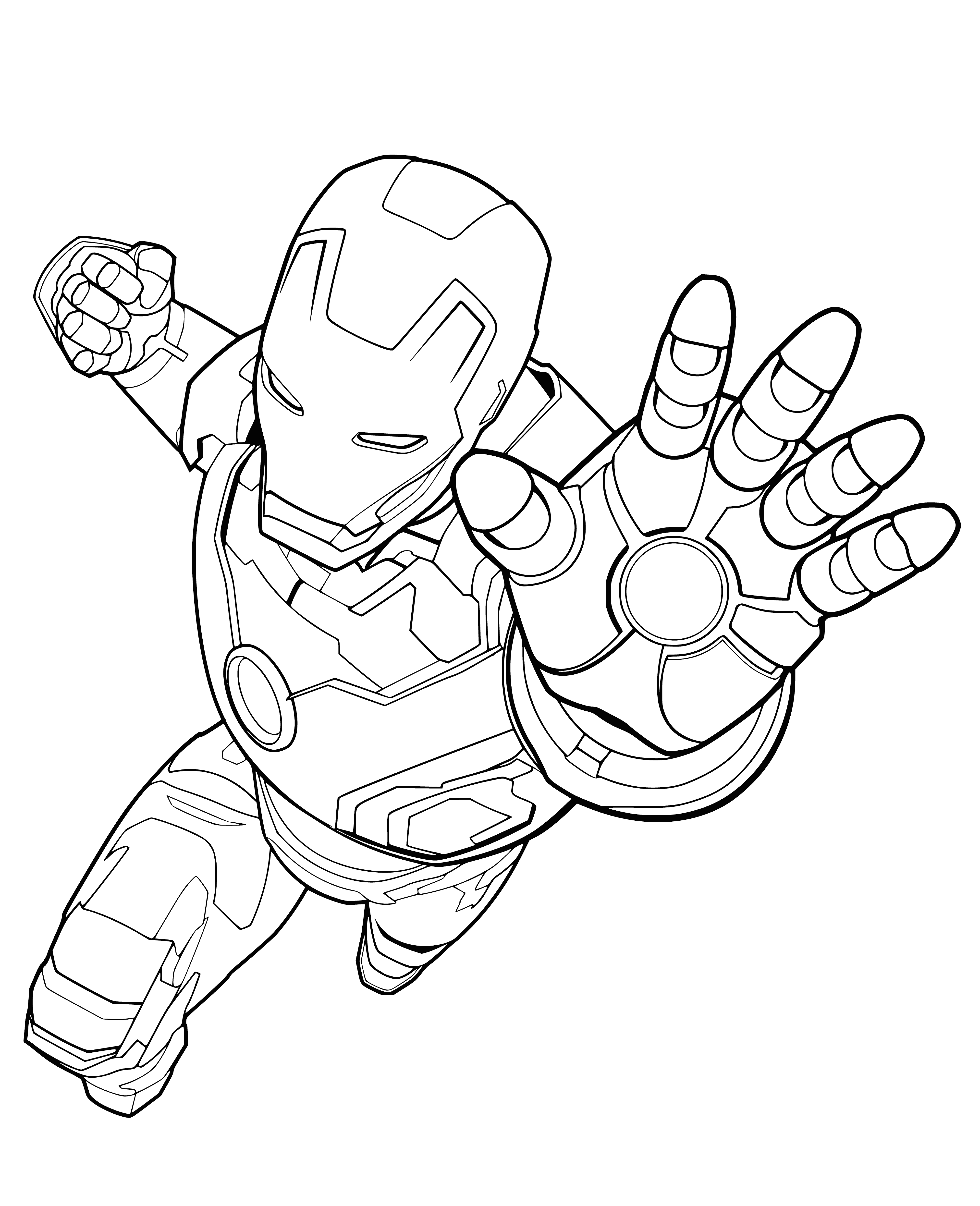 coloring page: Man in a red and gold metal suit flies through air on jetpack, shooting something unseen.