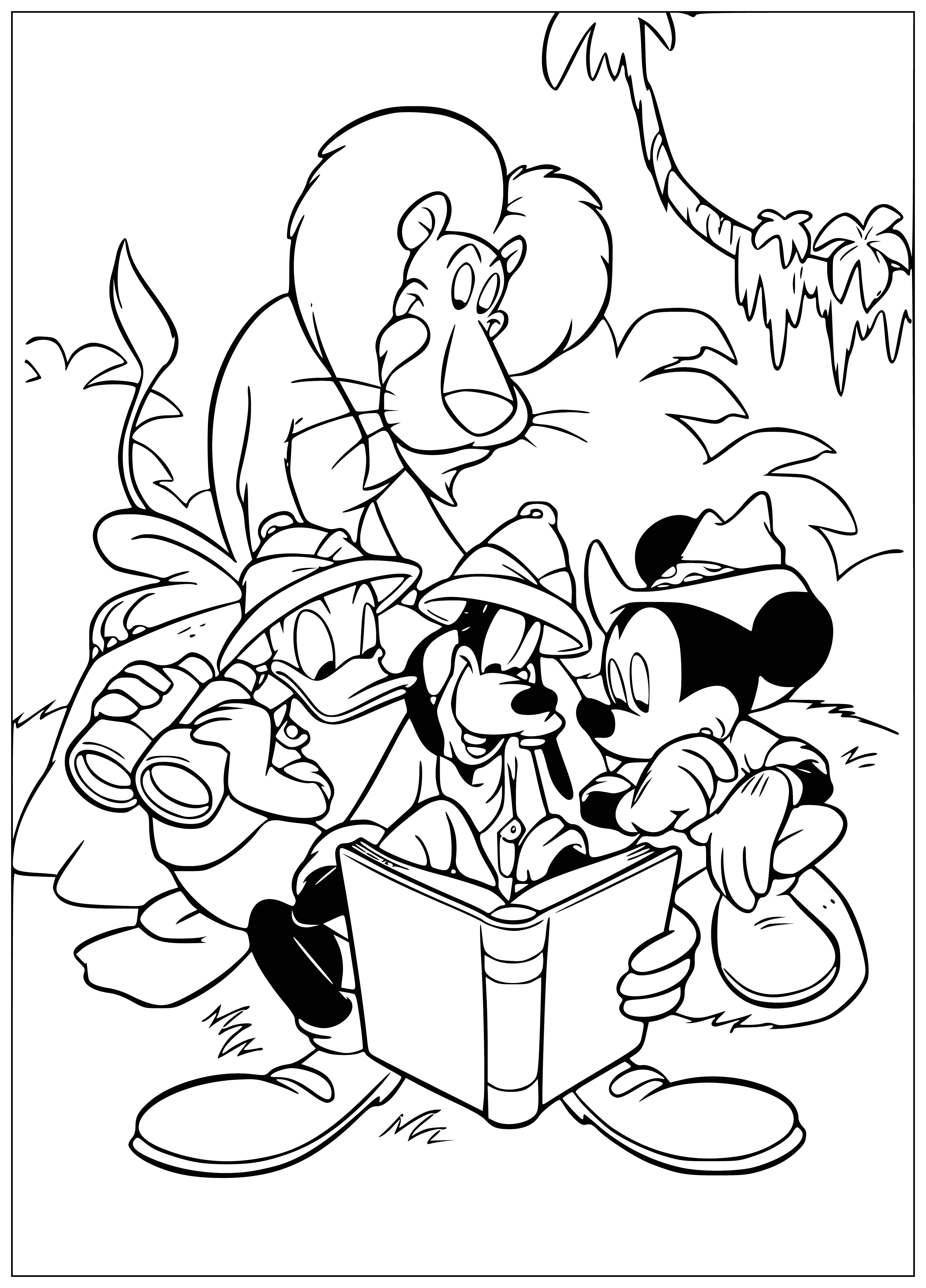 coloring page: 4 friends wave goodbye to unseen person in front of a big red door in a Mickey Mouse coloring page.