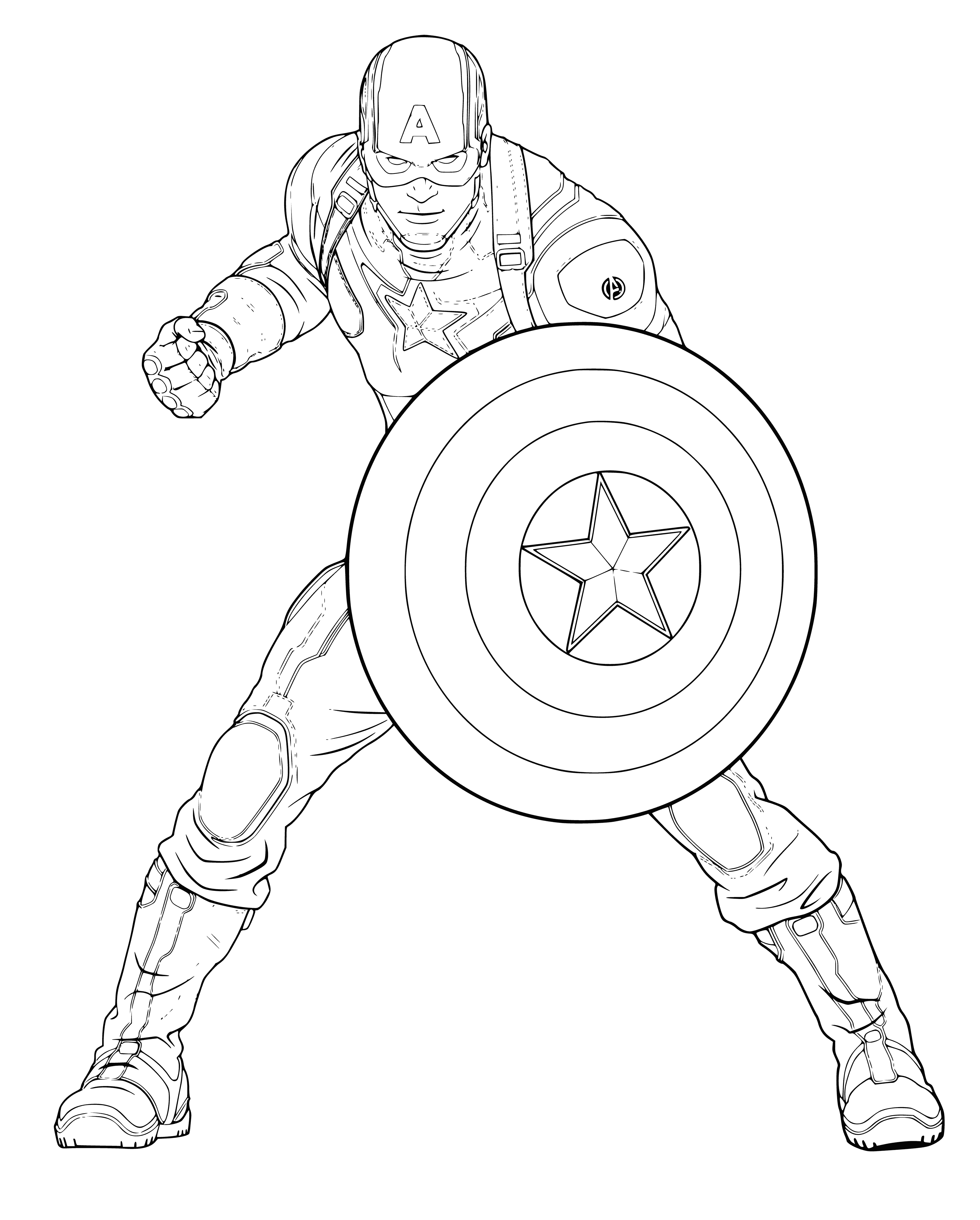 coloring page: Captain America in a star-spangled suit, red and white stripes, confident pose, with a large shield. Background: cloudy blue sky. #Marvel