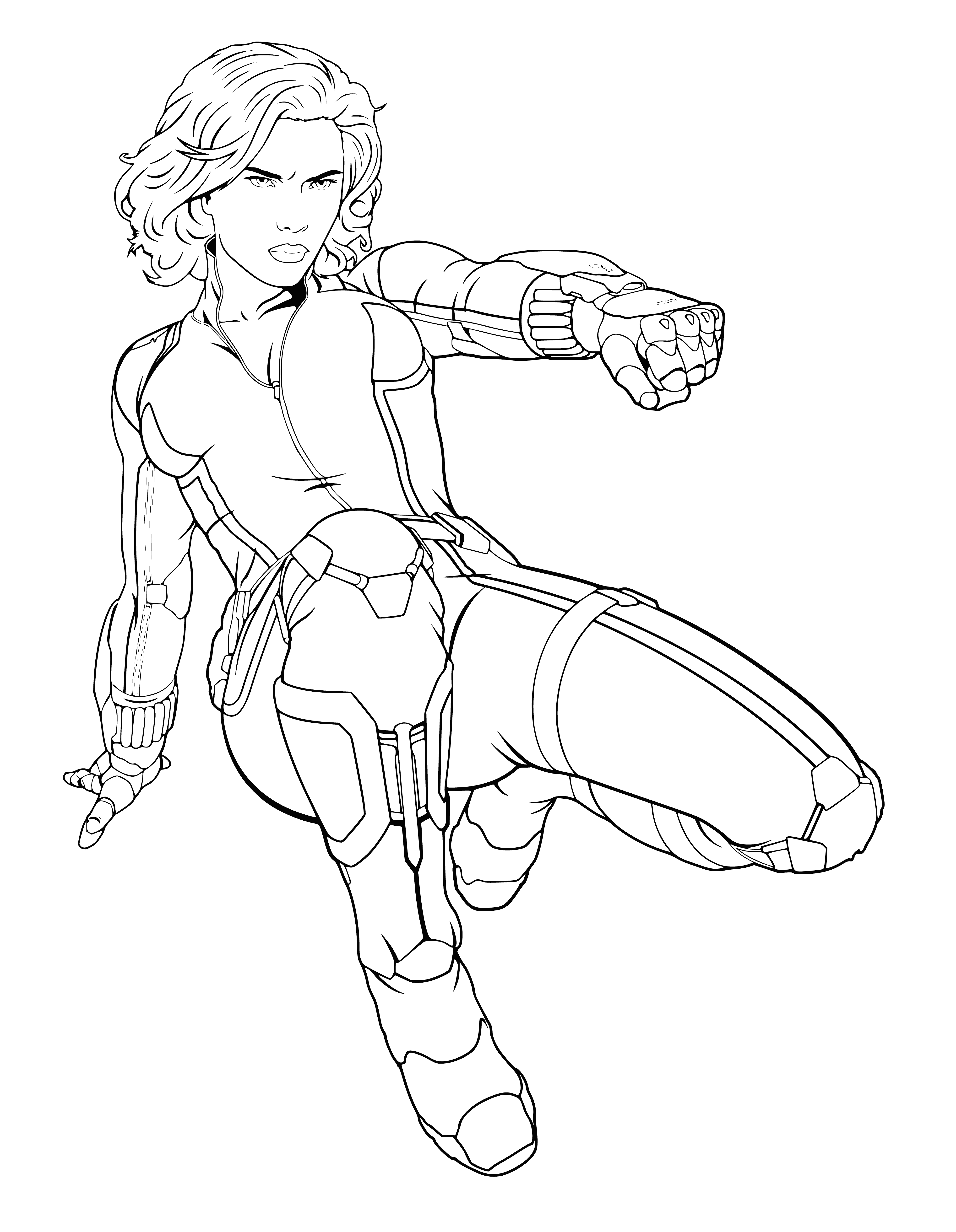 coloring page: The Black Widow stands on a rooftop, dressed in black leather, hourglass on her chest, hair blowing in the wind, tough & ready to fight.
