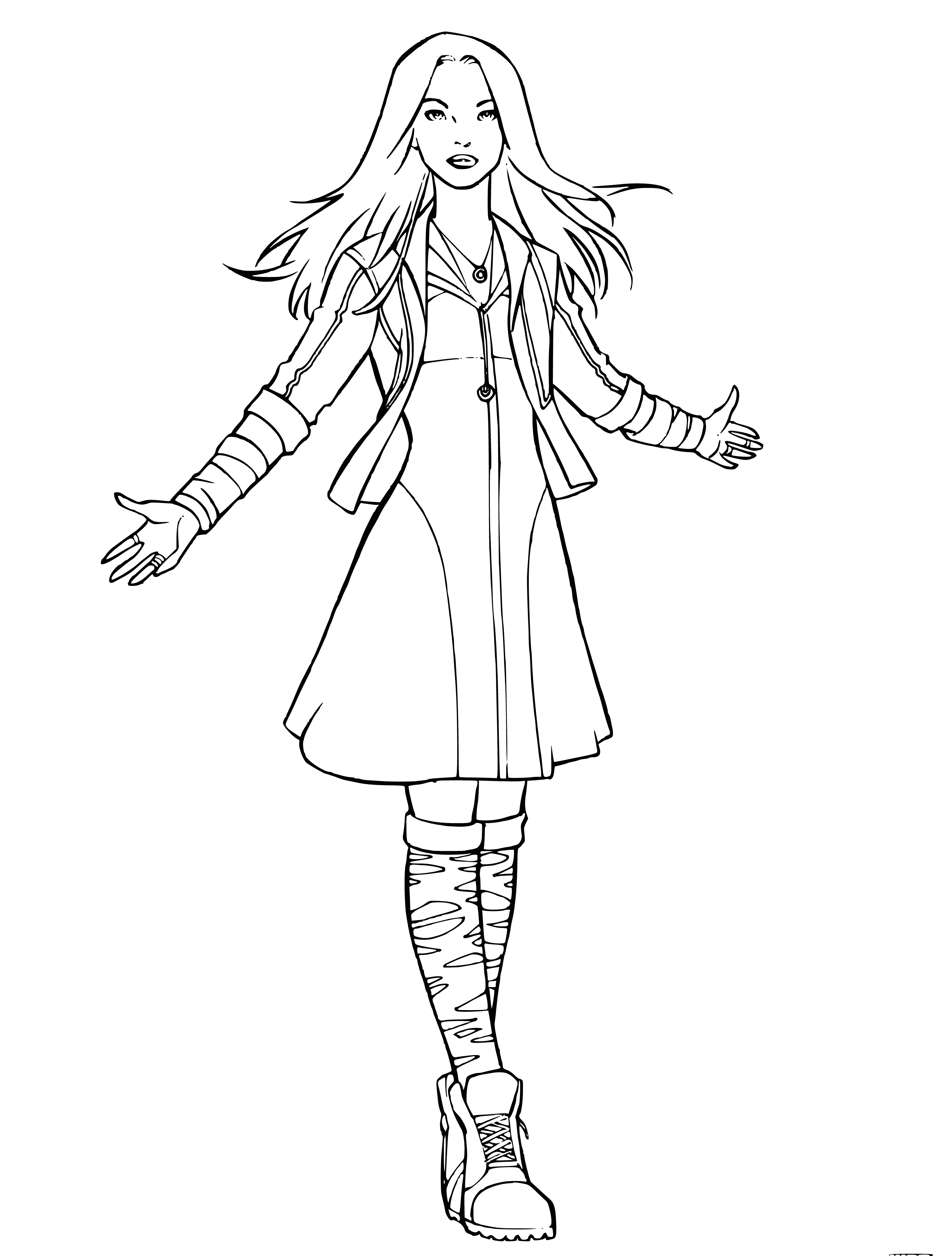 coloring page: Scarlet Witch raises her hands, releasing a powerful red stream of energy with a determined look.
