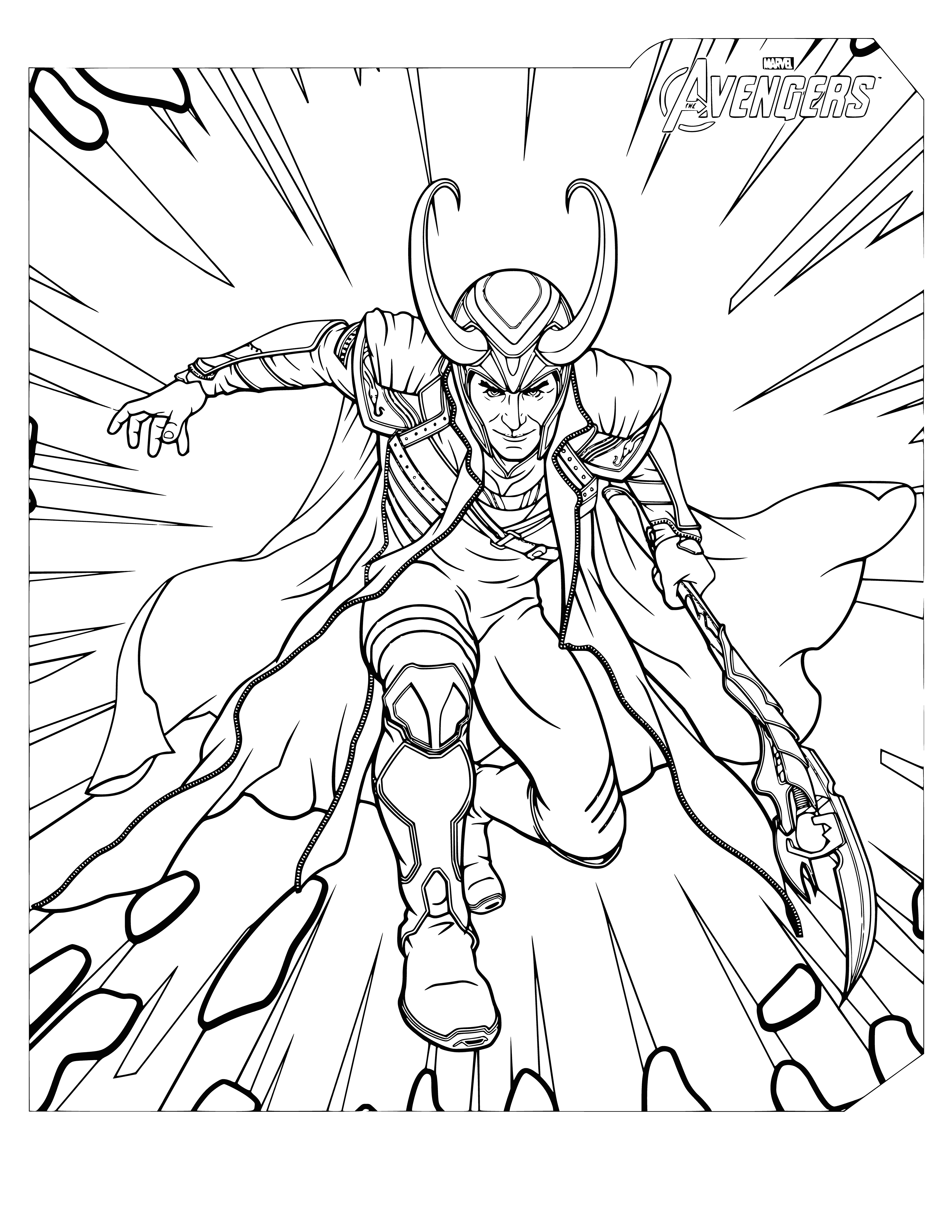 coloring page: Loki runs or possibly flies, cape billowing and arm raised, eyes glittering with malicious intent - a menacing presence on this coloring page.