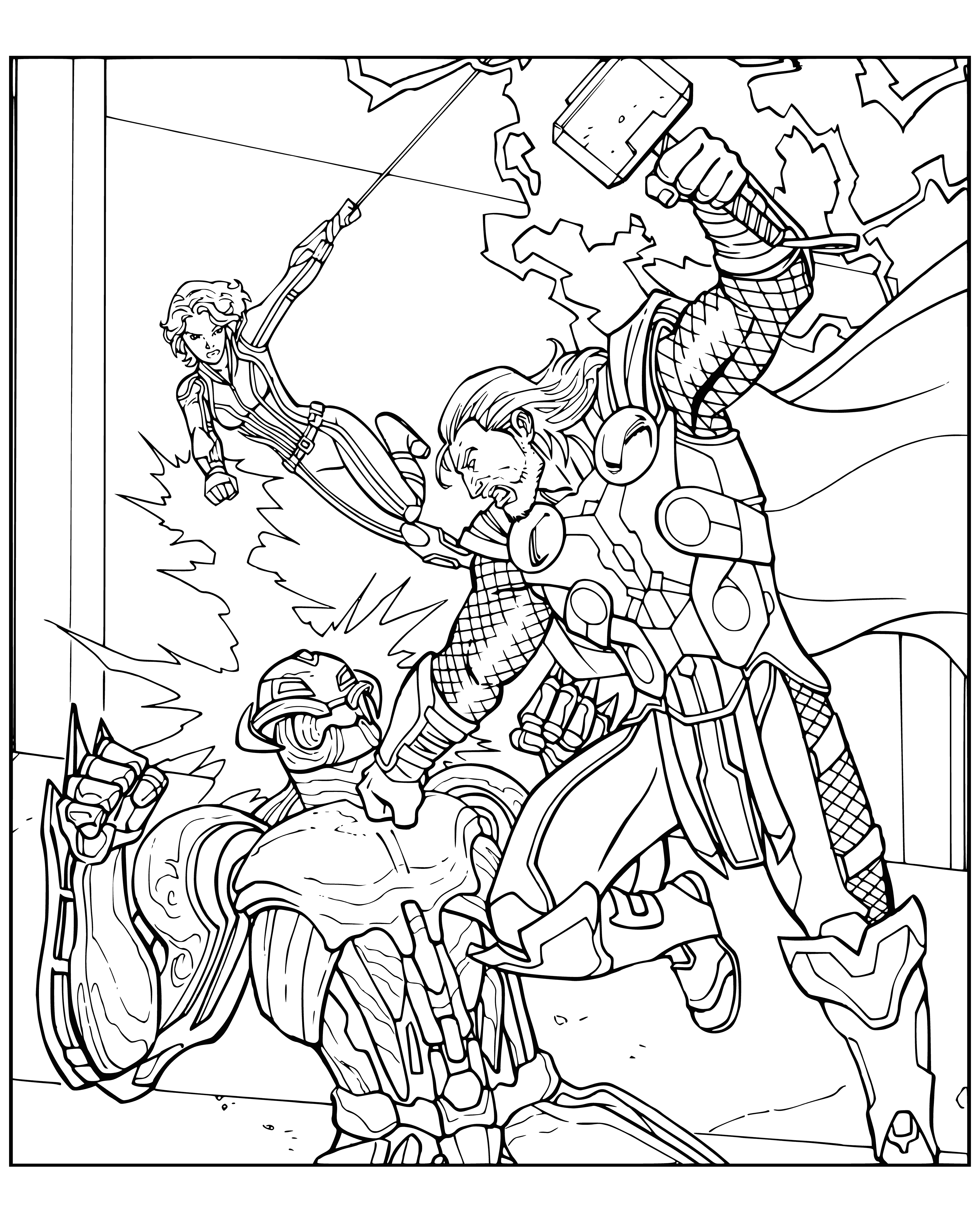 coloring page: Group of superheroes stands in cityscape: muscular man with cape and hammer, stoic woman in black and robot.