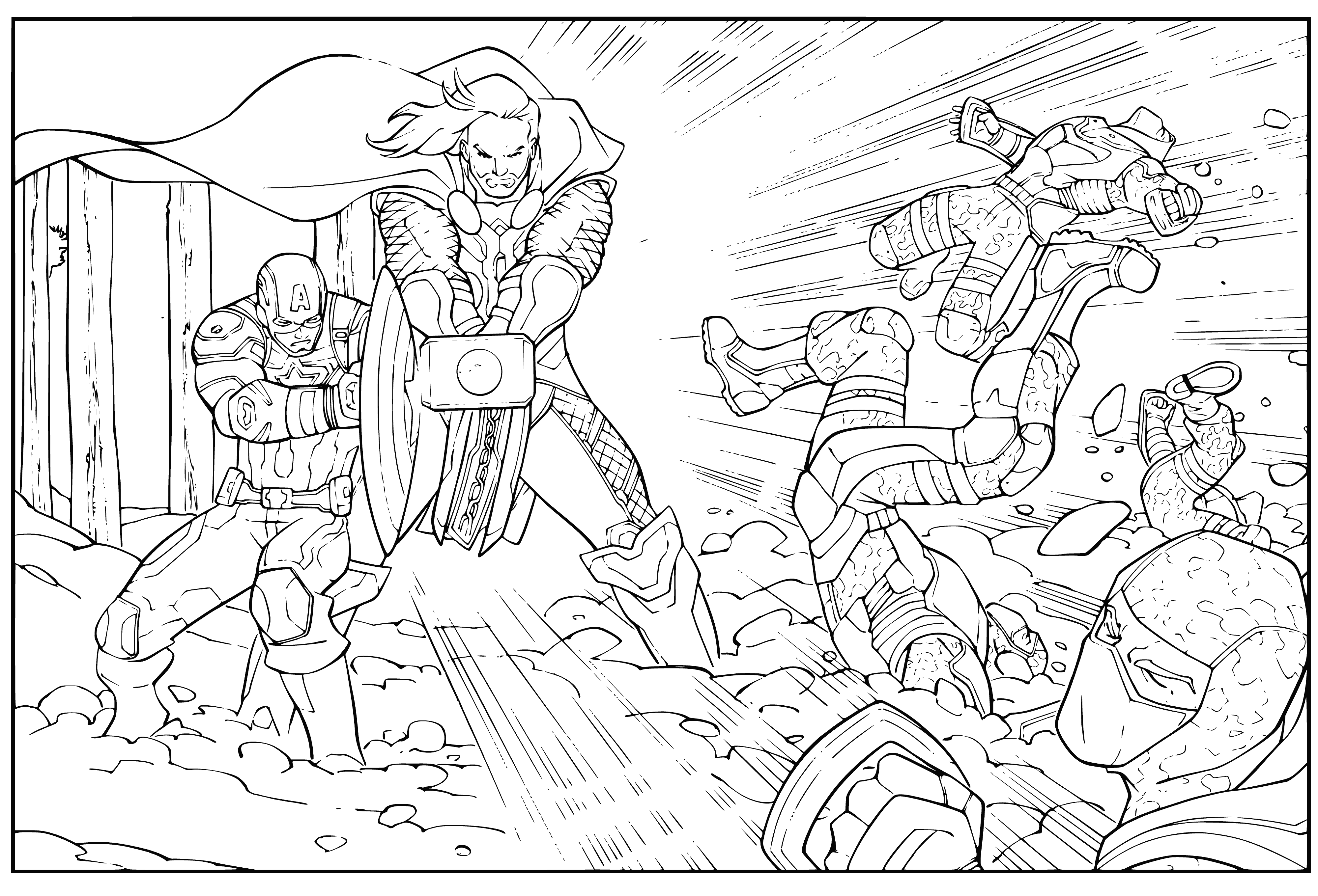 coloring page: Man in blue suit with red cape & green mask flies through air with large wave of energy behind him. #Avengers
