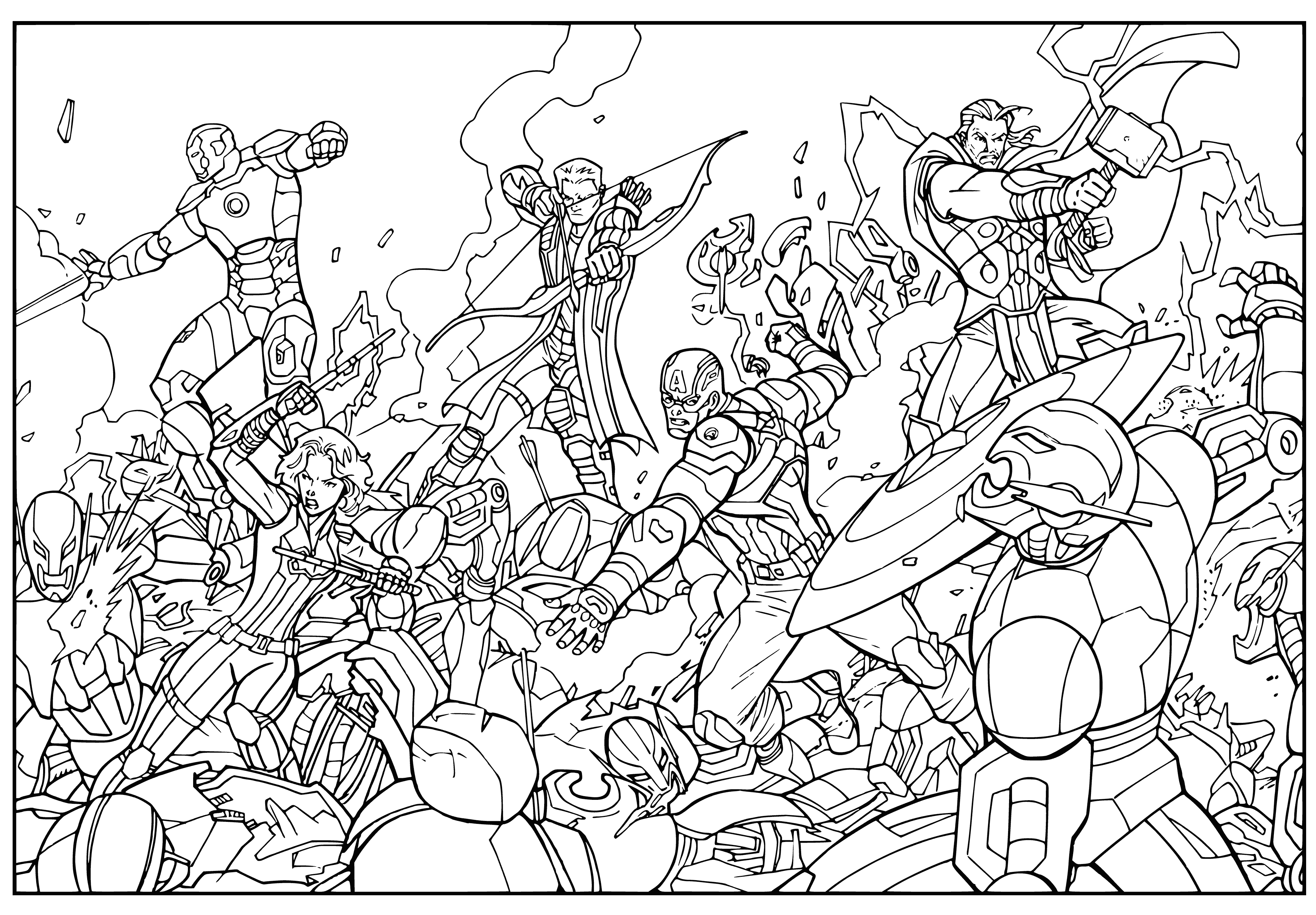 coloring page: Avengers line up to fight Ultron's army: Cap's shield, Thor's hammer, BW, Hulk, Hawkeye—ready to battle! #AvengersAssemble
