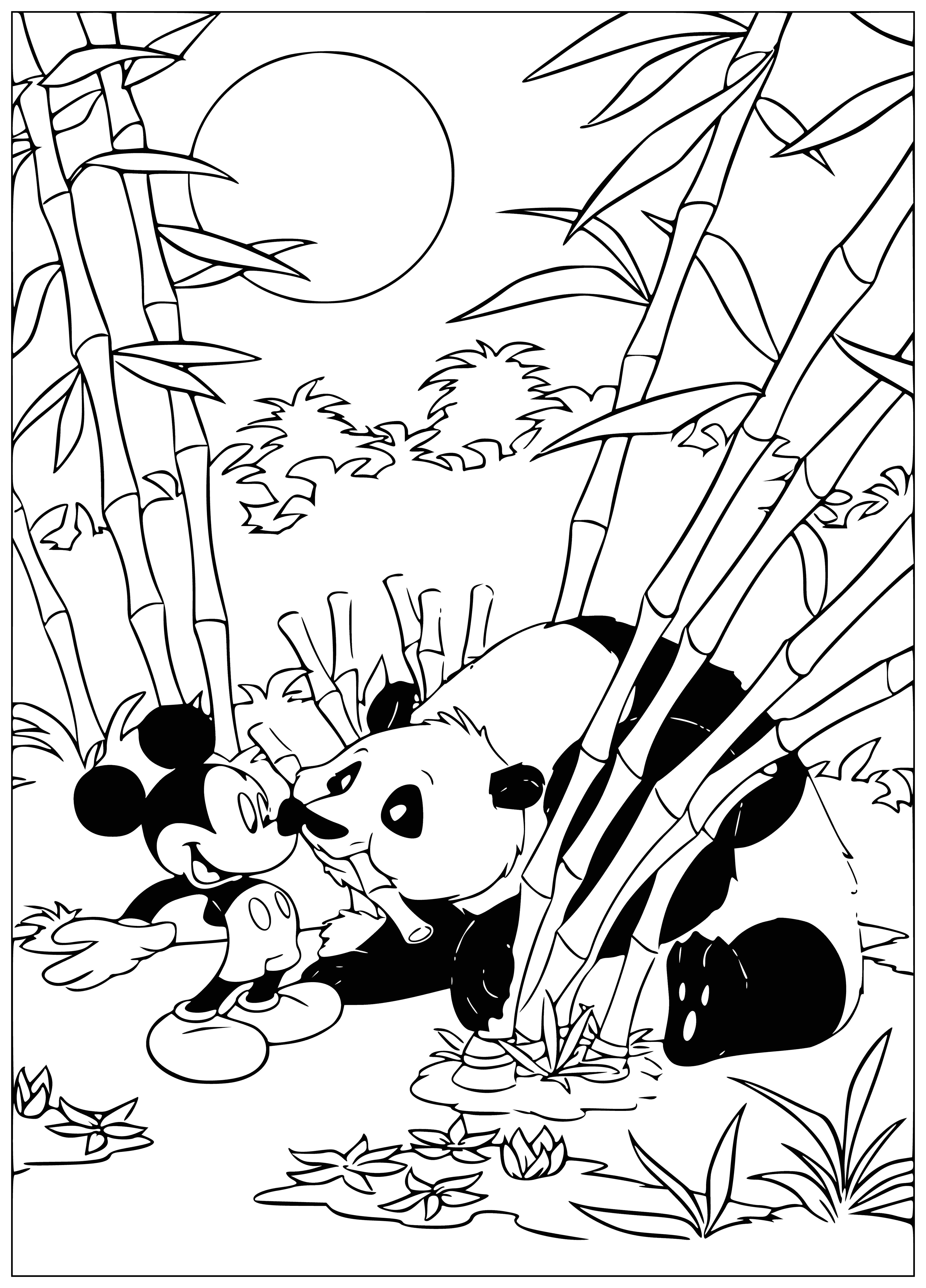 coloring page: A panda sits in the center of a page, wearing a red shirt & shoes, with a green tree & blue sky behind him. #pandas #nature #Sky