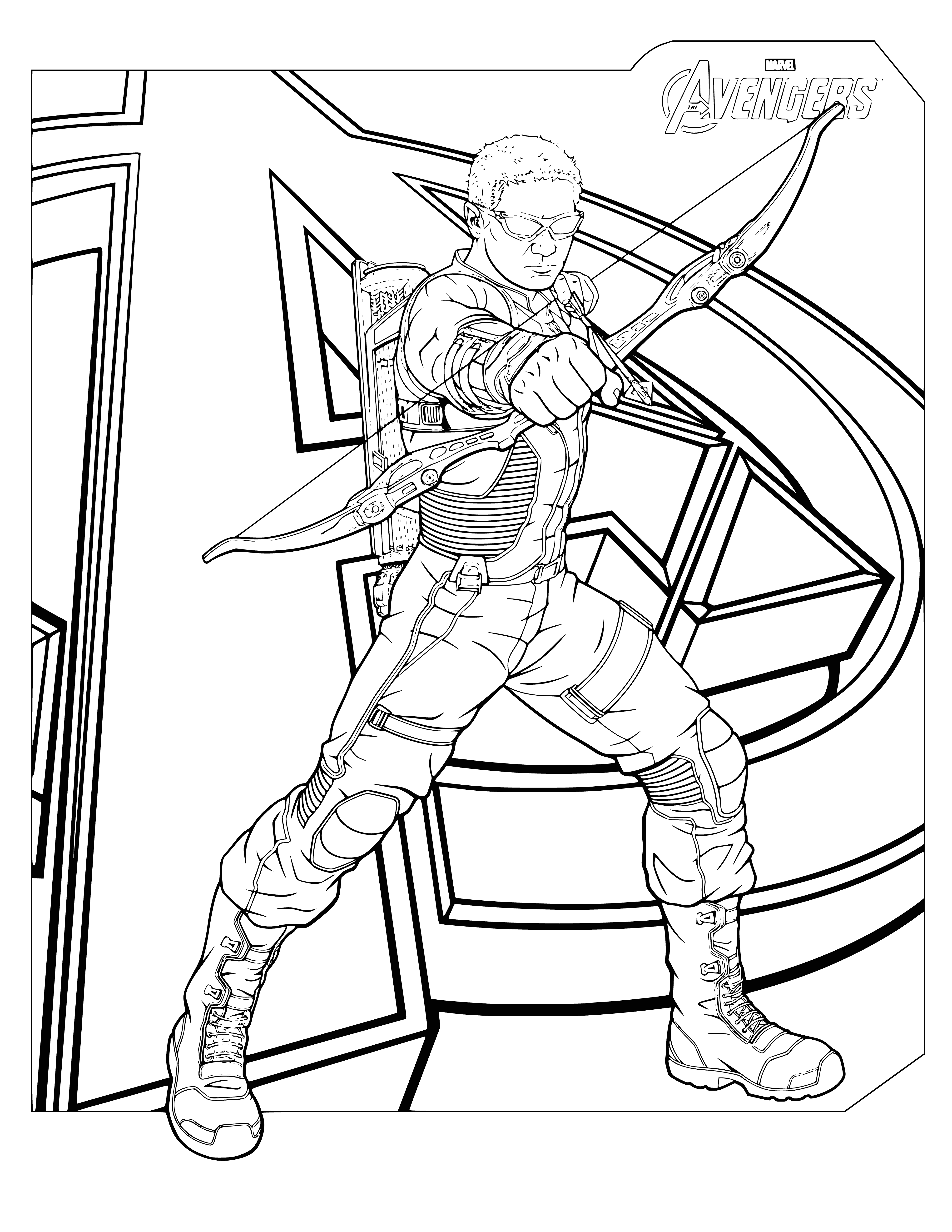 coloring page: Hawkeye stands tall, bow in left hand, arrow in right, quiver on back. He wears a purple shirt, black vest/pants. Brown hair, blue eyes.