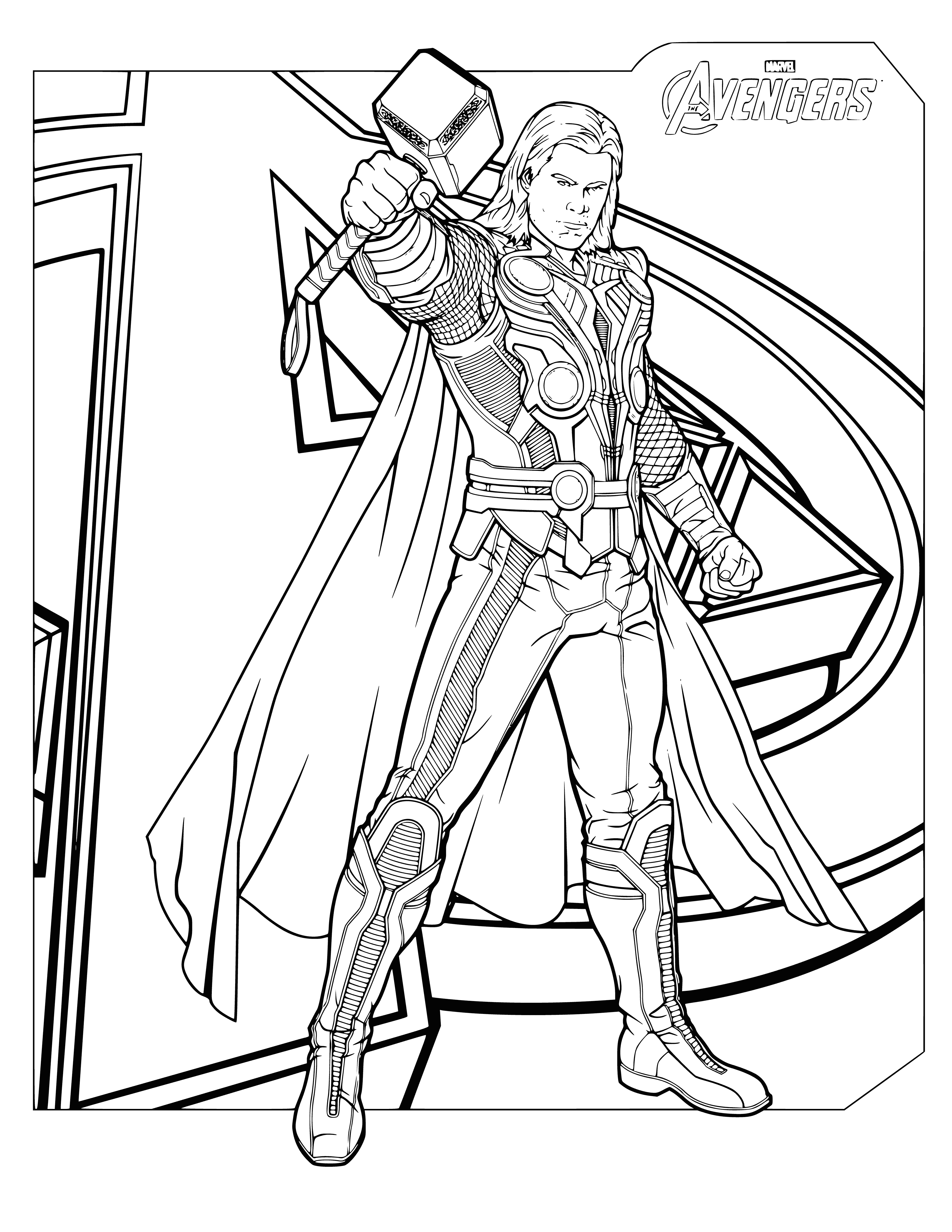 coloring page: Man stands in desert, wearing blue cape and metal skullcap, holding a large hammer in one hand and the other clenched in a fist.