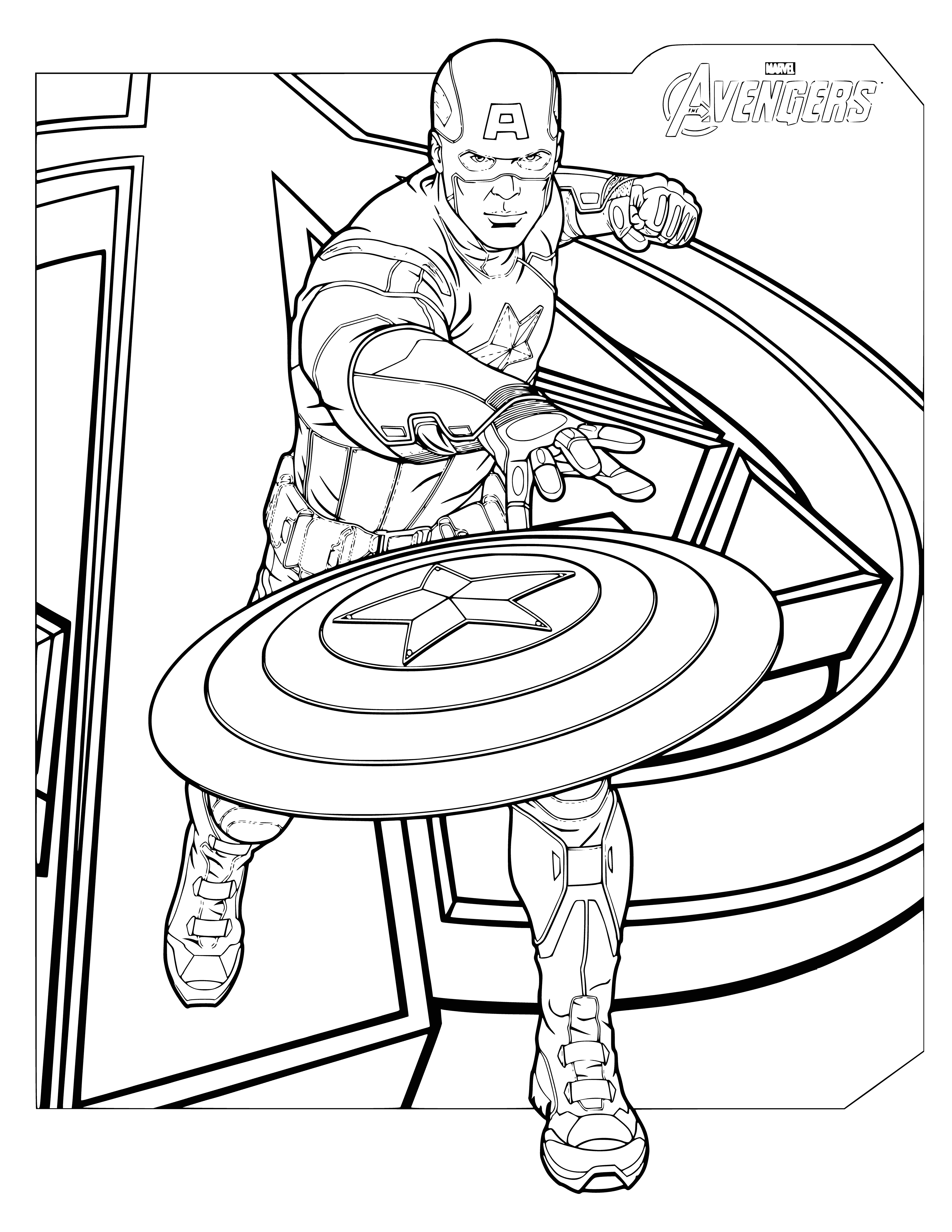 coloring page: Superhero in blue & white suit w/star on chest, shield in left hand, looking right w/determined expression. Group in costumes ready to fight behind him.