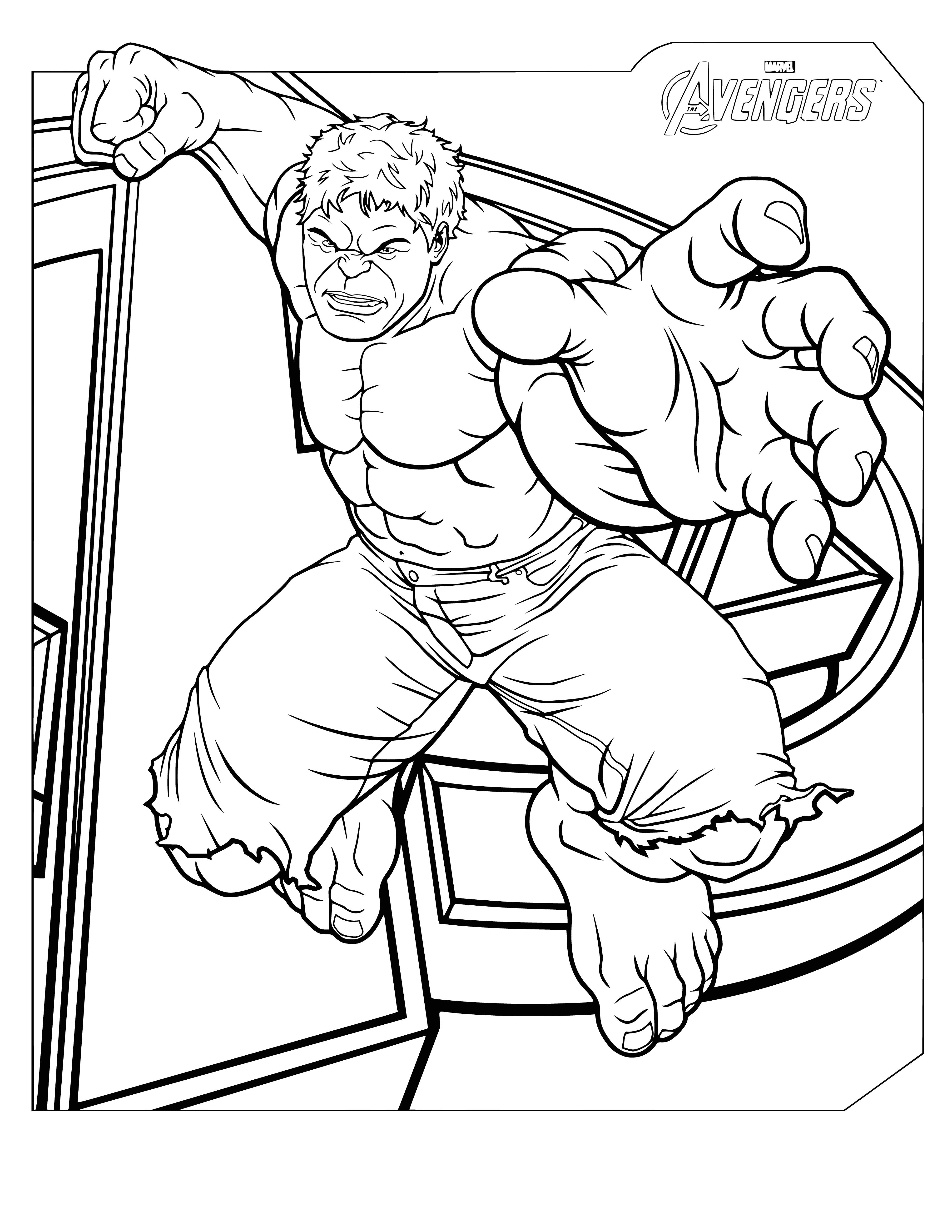 coloring page: The Hulk, a muscular green Avenger, smashes a car with his bare hands, wearing purple pants and no shirt.
