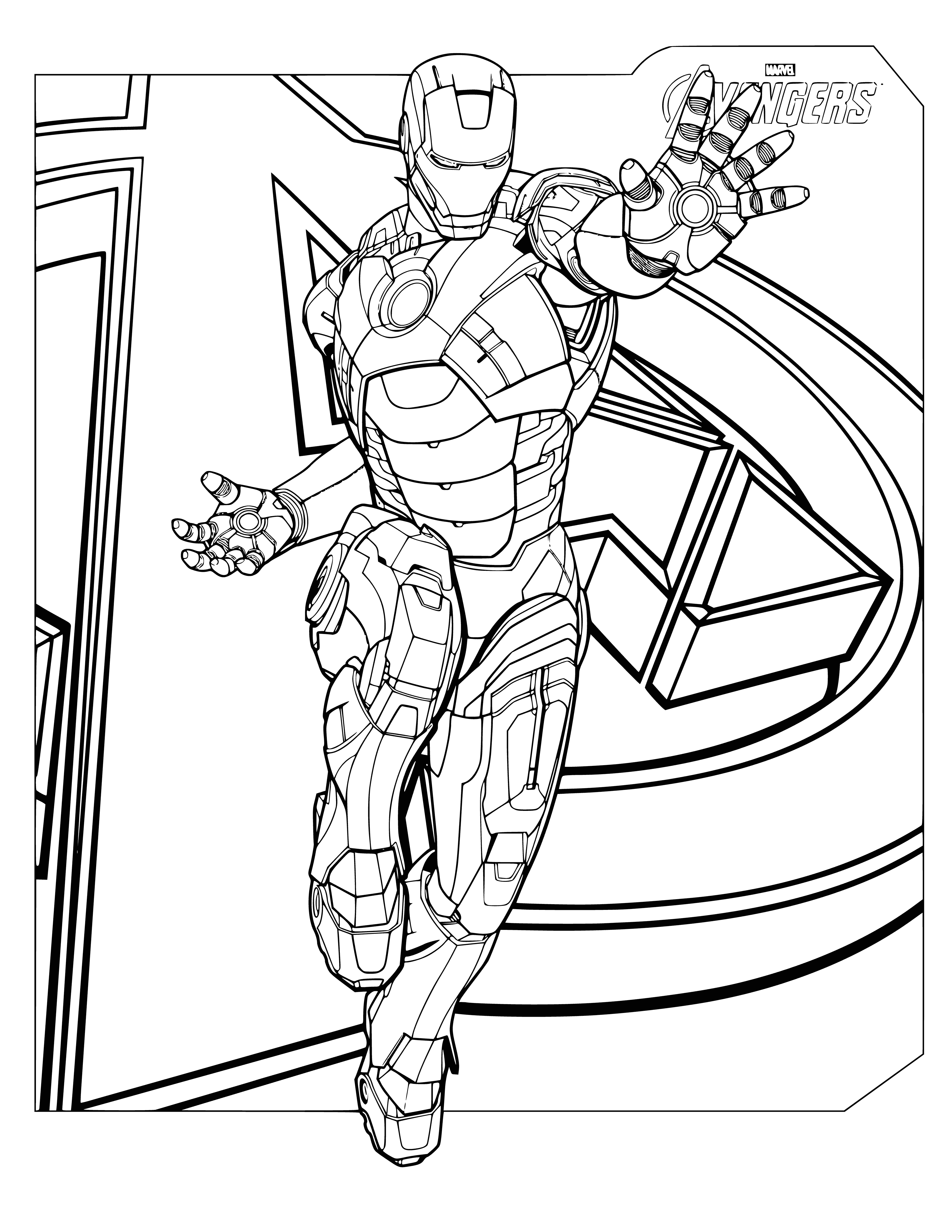 coloring page: Tony Stark: Billionaire industrialist/inventor. CEO of Stark Industries & founding Avenger. Genius scientist/engineer; skilled business leader; advanced tech.