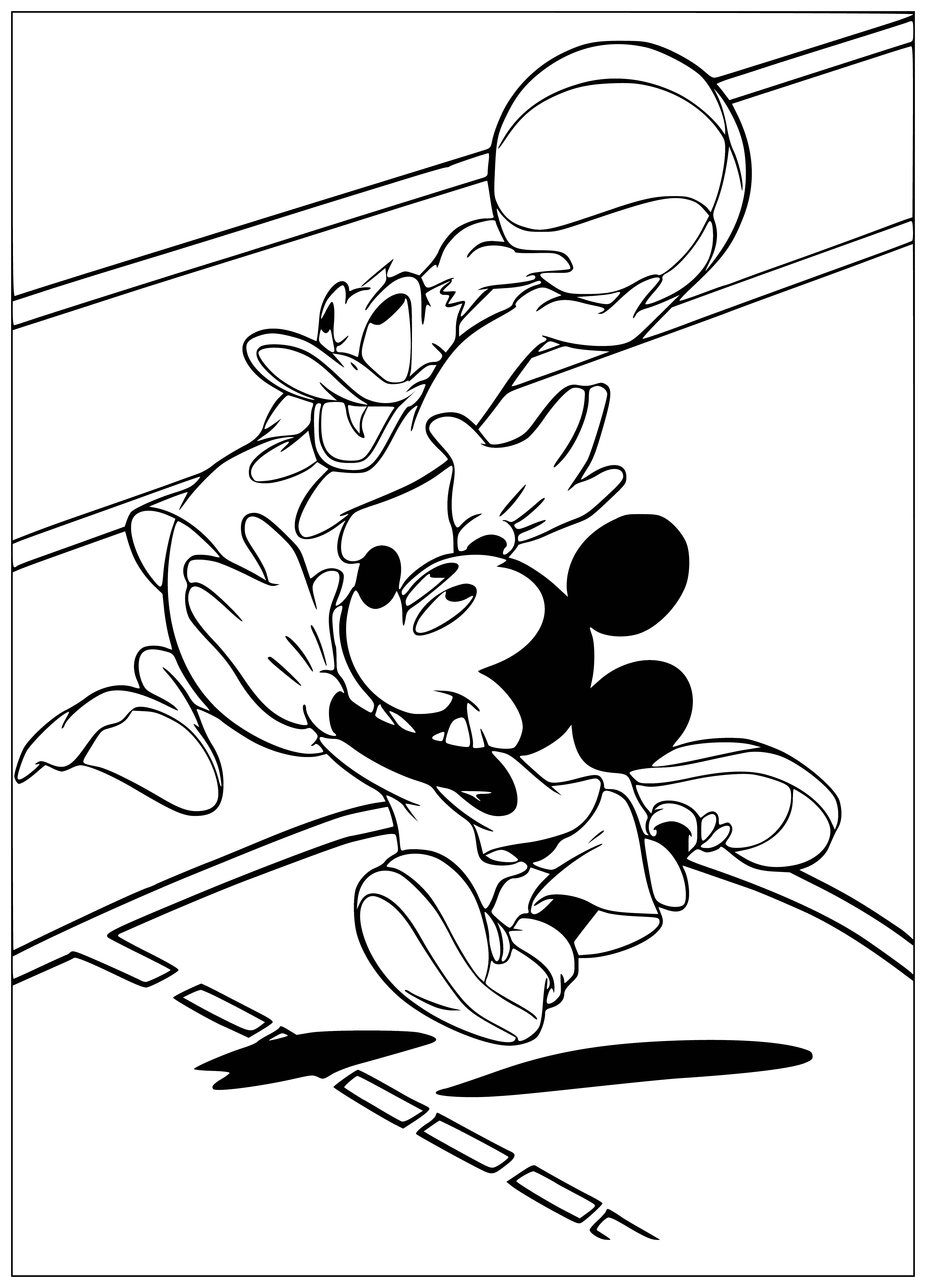 coloring page: Mickey, Goofy and Minnie are playing basketball while Donald is just observing.
