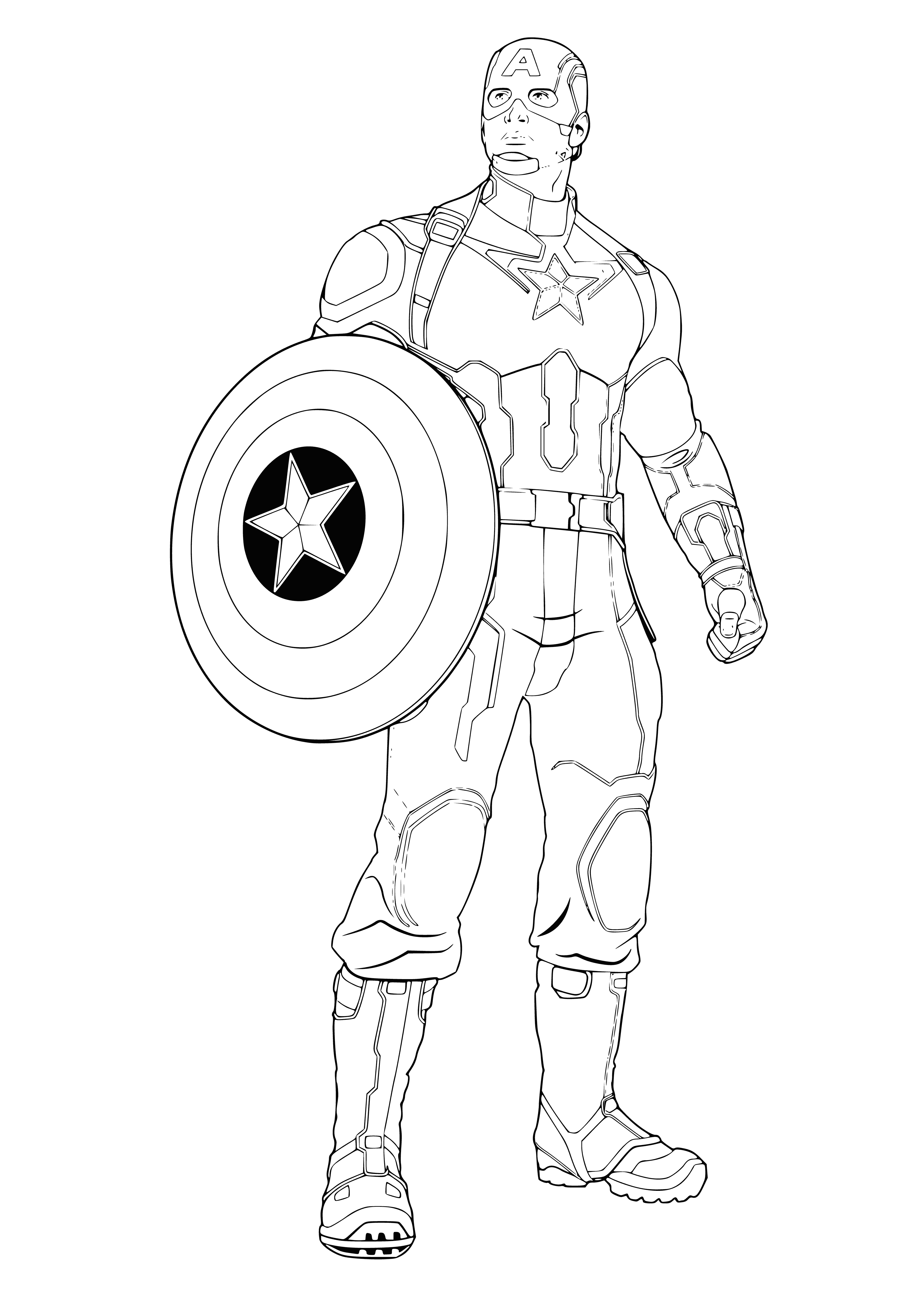 coloring page: Captain America is a patriotic Marvel superhero who, enhanced by experimental serum, fights for US in WW2. Popular & recognizable around the Marvel Universe.
