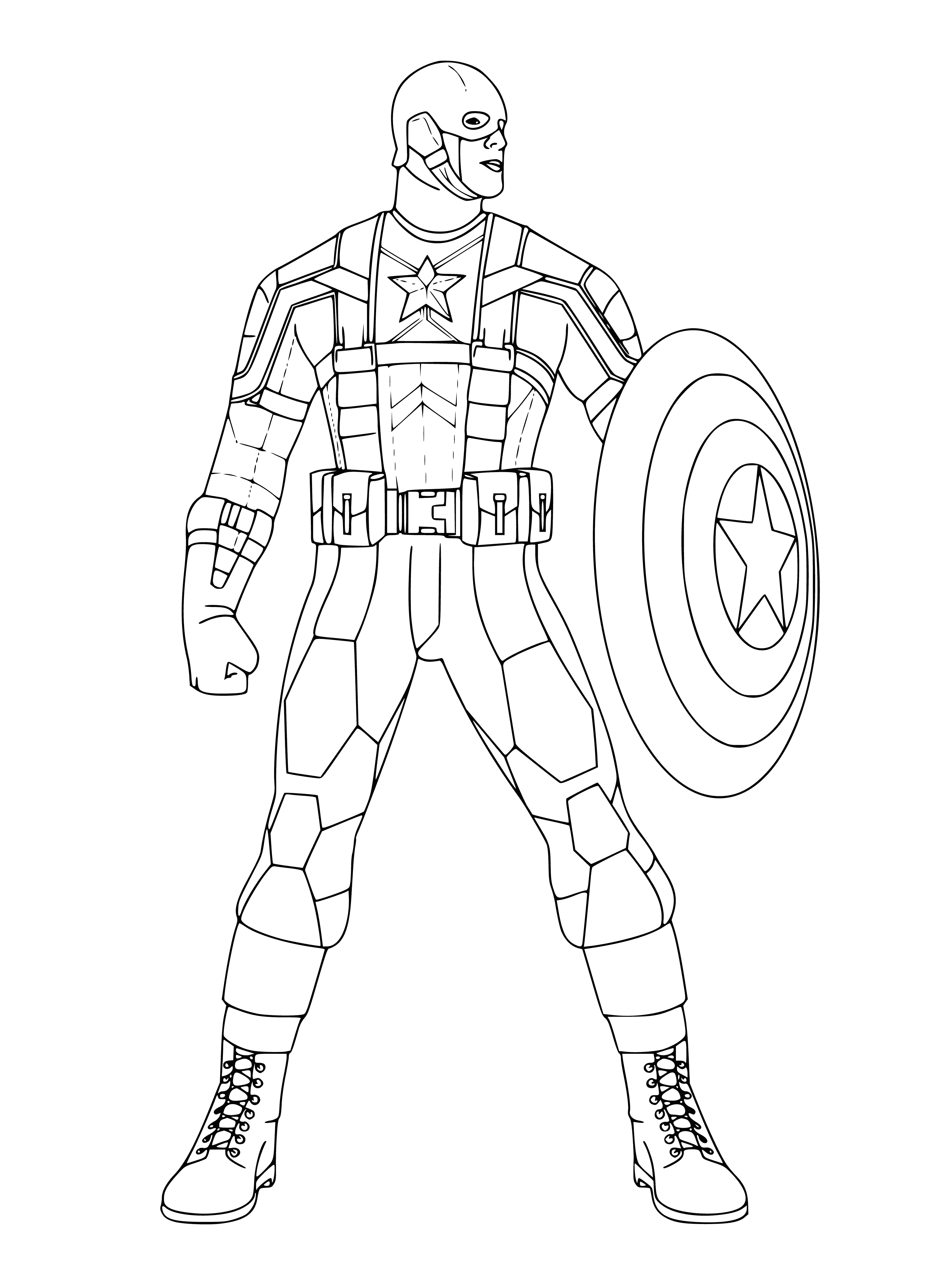 coloring page: Captain America is Marvel's superhero with Muscular frame, red-white-blue costume & shield, who fights for justice w/ blue eyes.