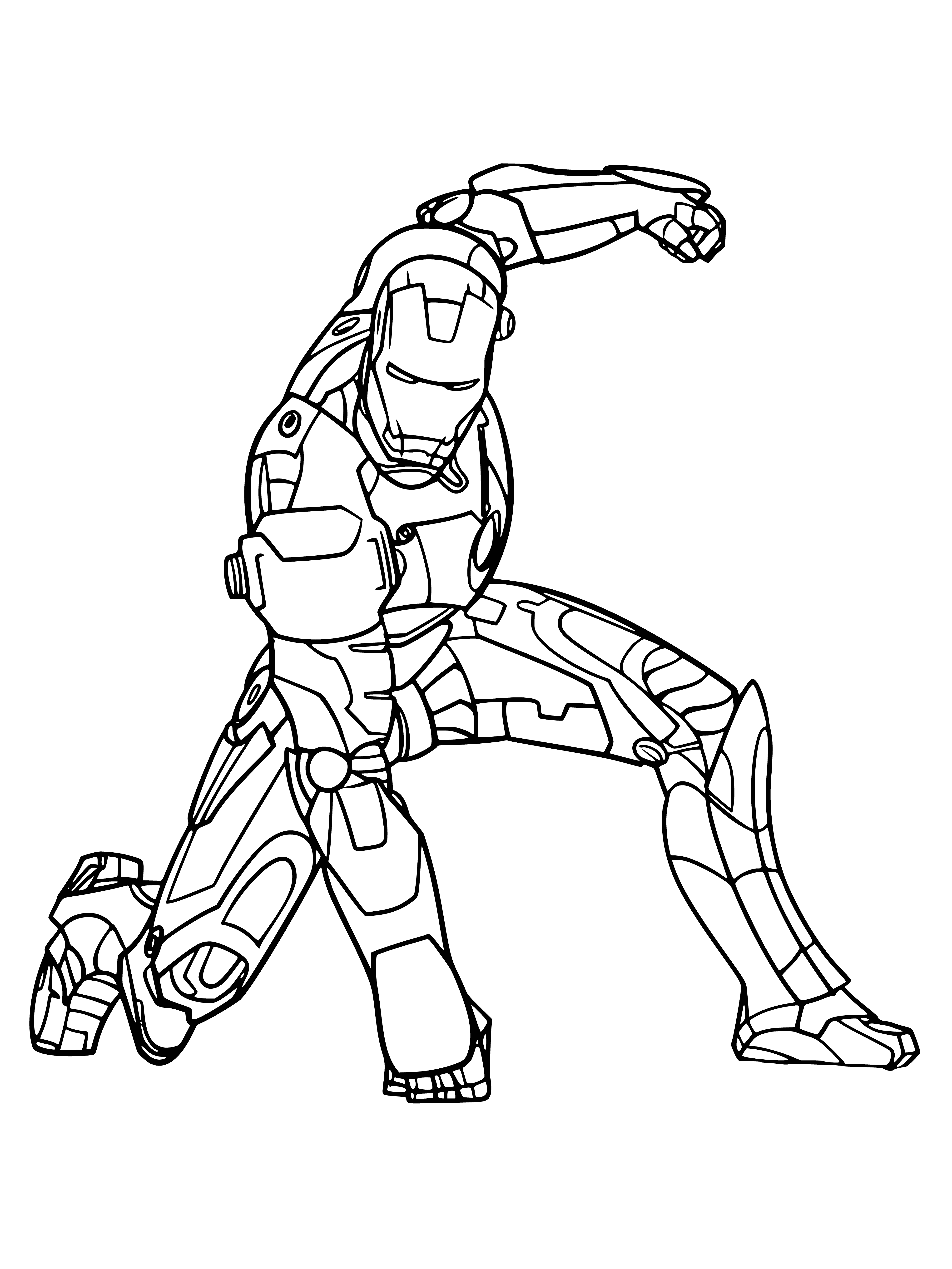 coloring page: Man in metal suit flying, shooting lasers from eyes and smiling with jetpack on back. #superhero #coloringpage
