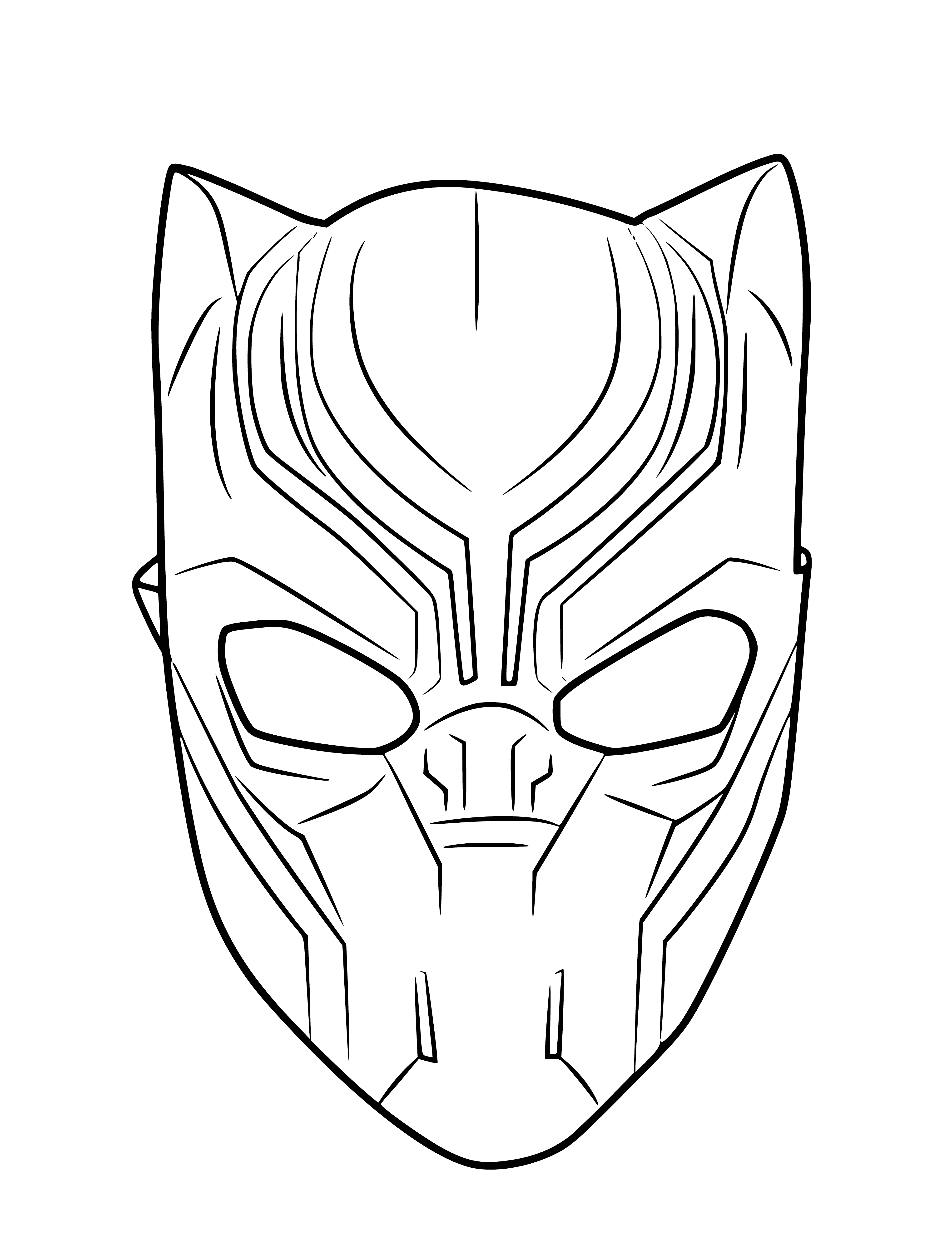 coloring page: The Black Panther Mask is an all-black headpiece with two white stripes down the middle and pointy ears. It has eye holes for visibility. #Avengers