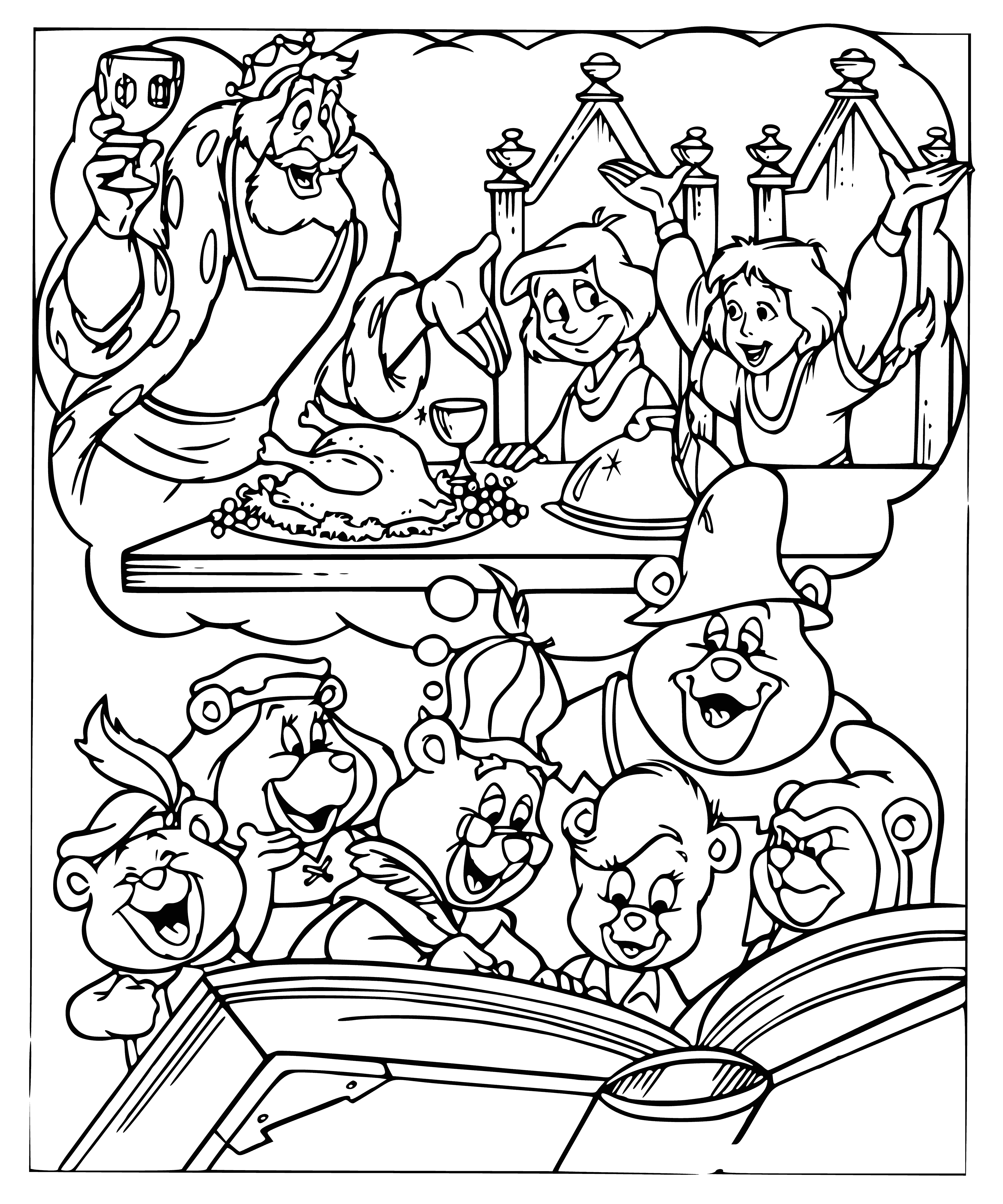 coloring page: The book of fairy tales features three Gummi Bears: a red one with a mouth slightly open as if blowing a bubble, a yellow one with its mouth open wide as if screaming, and a green one with its mouth open in a "O" shape as if laughing.