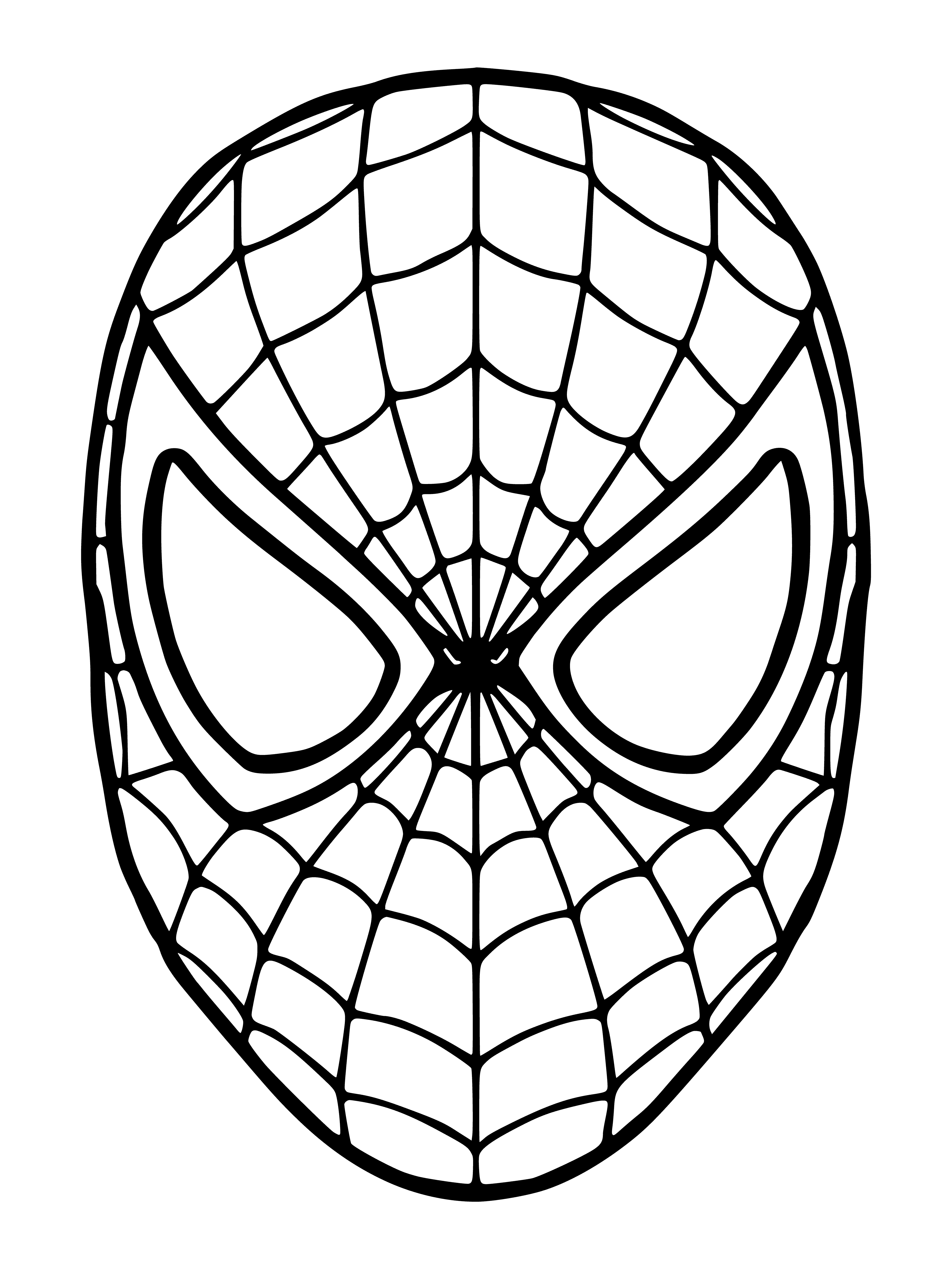 coloring page: Spiderman mask featured: bright red with black spider in center, big black eyes, open mouth scream, surrounded by black spiderweb.