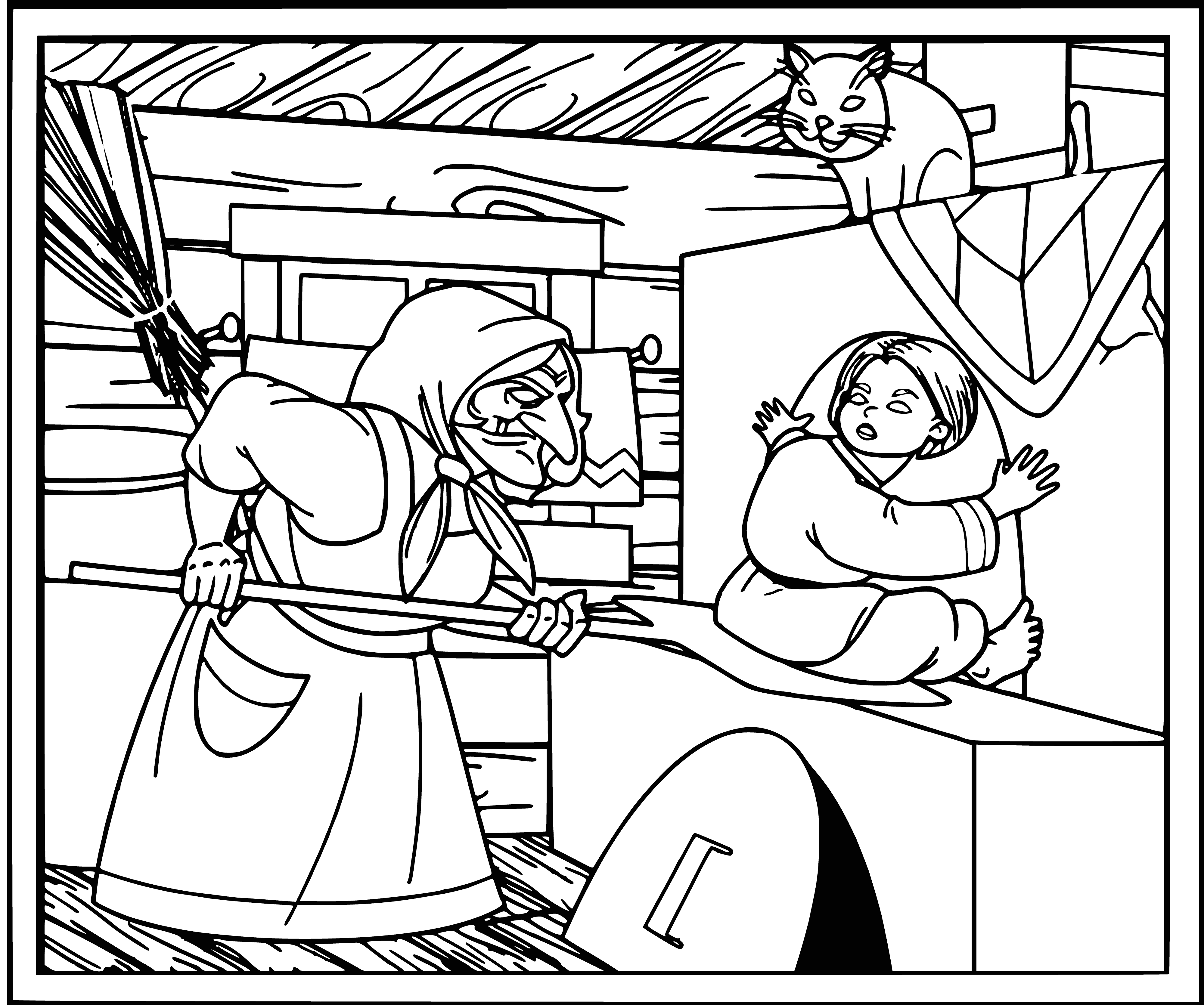 coloring page: Russian folk tale "Resident" depicts a large, dark-haired woman and 2 smaller women in red dresses in a dark forest illuminated by a full moon.