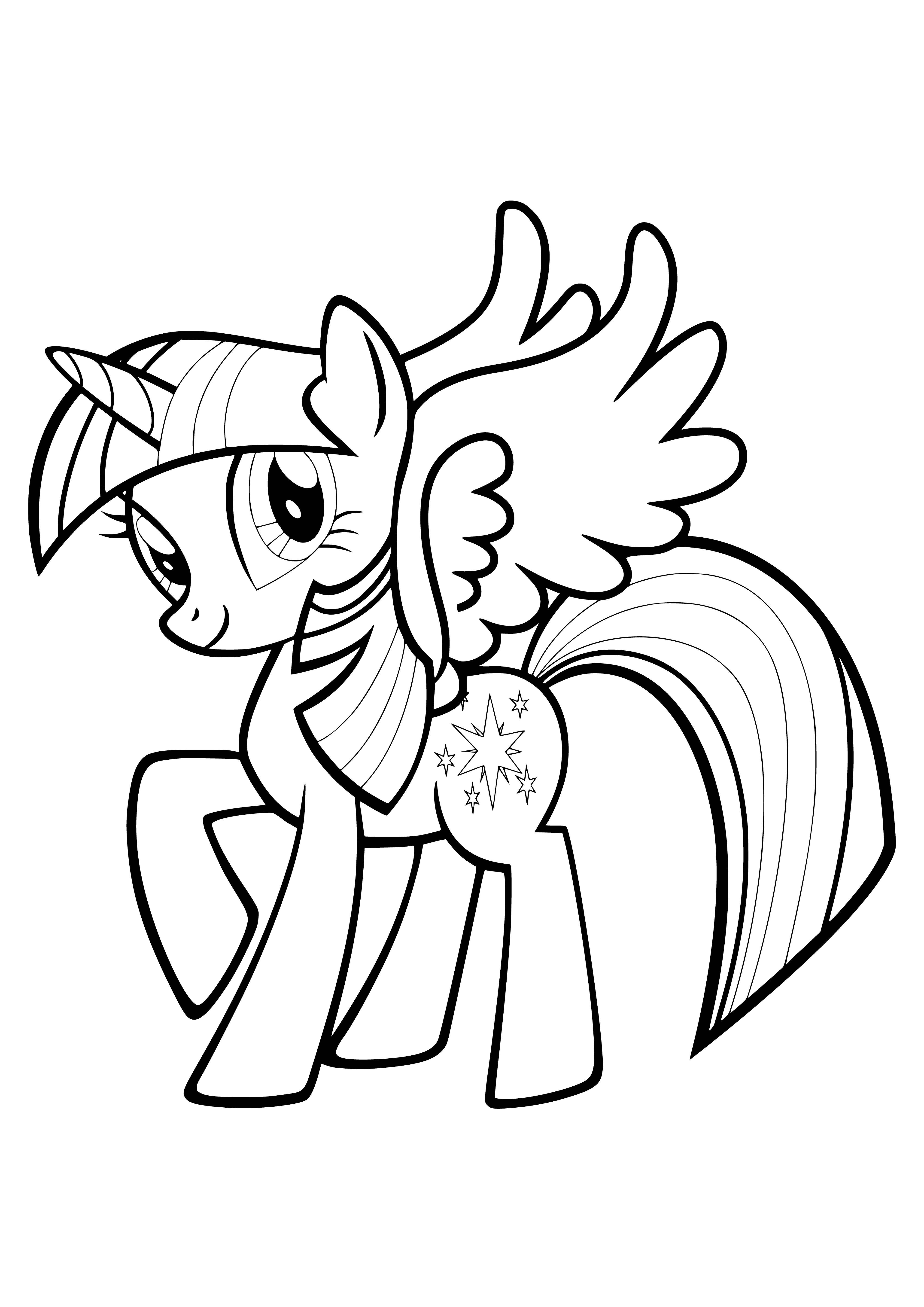 coloring page: White horse w/ purple mane/tail, blue & purple saddle/reins, and blue & purple wings - a Sparkle with wings!