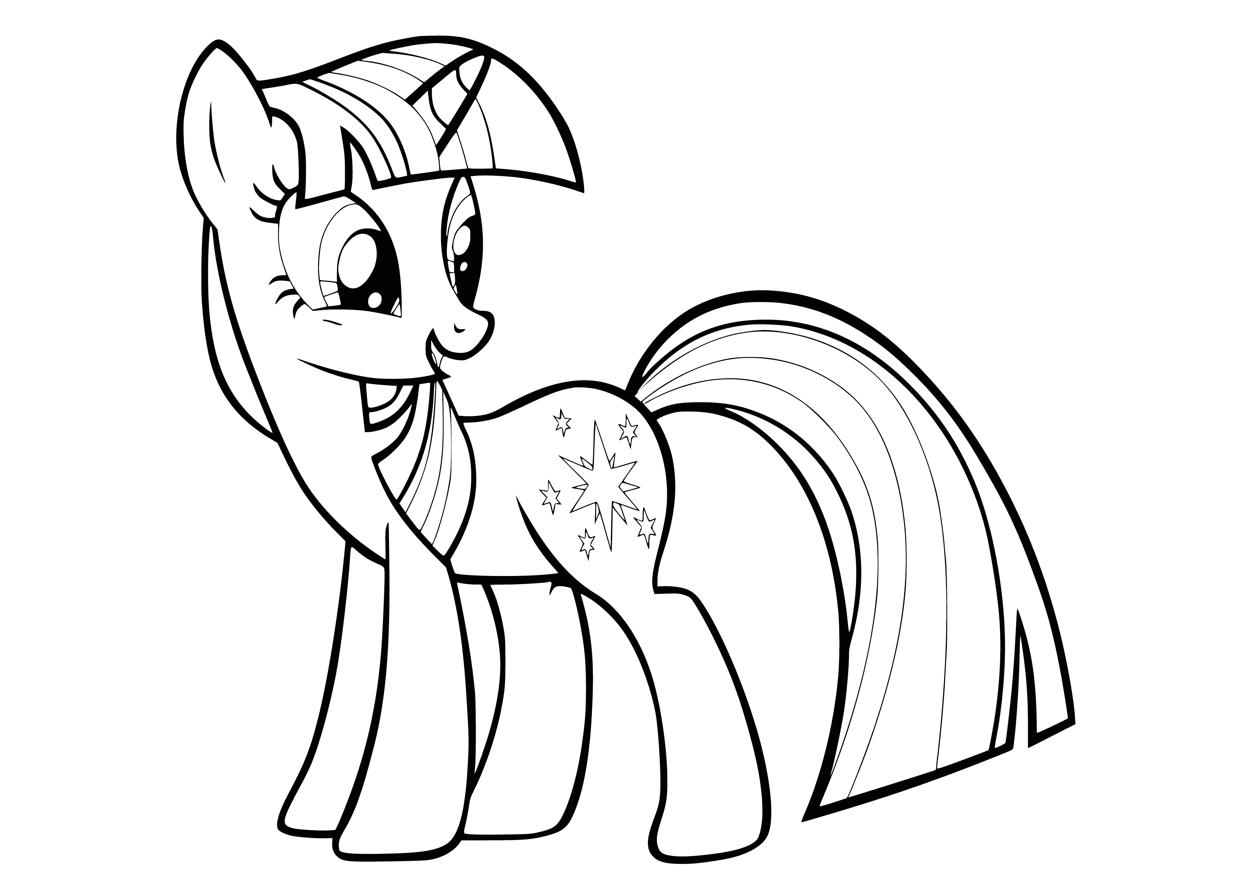 coloring page: Twilight Sparkle is a magical pink pony with a long purple mane/tail and 6-pointed star cutie mark. She is the Element of Magic.