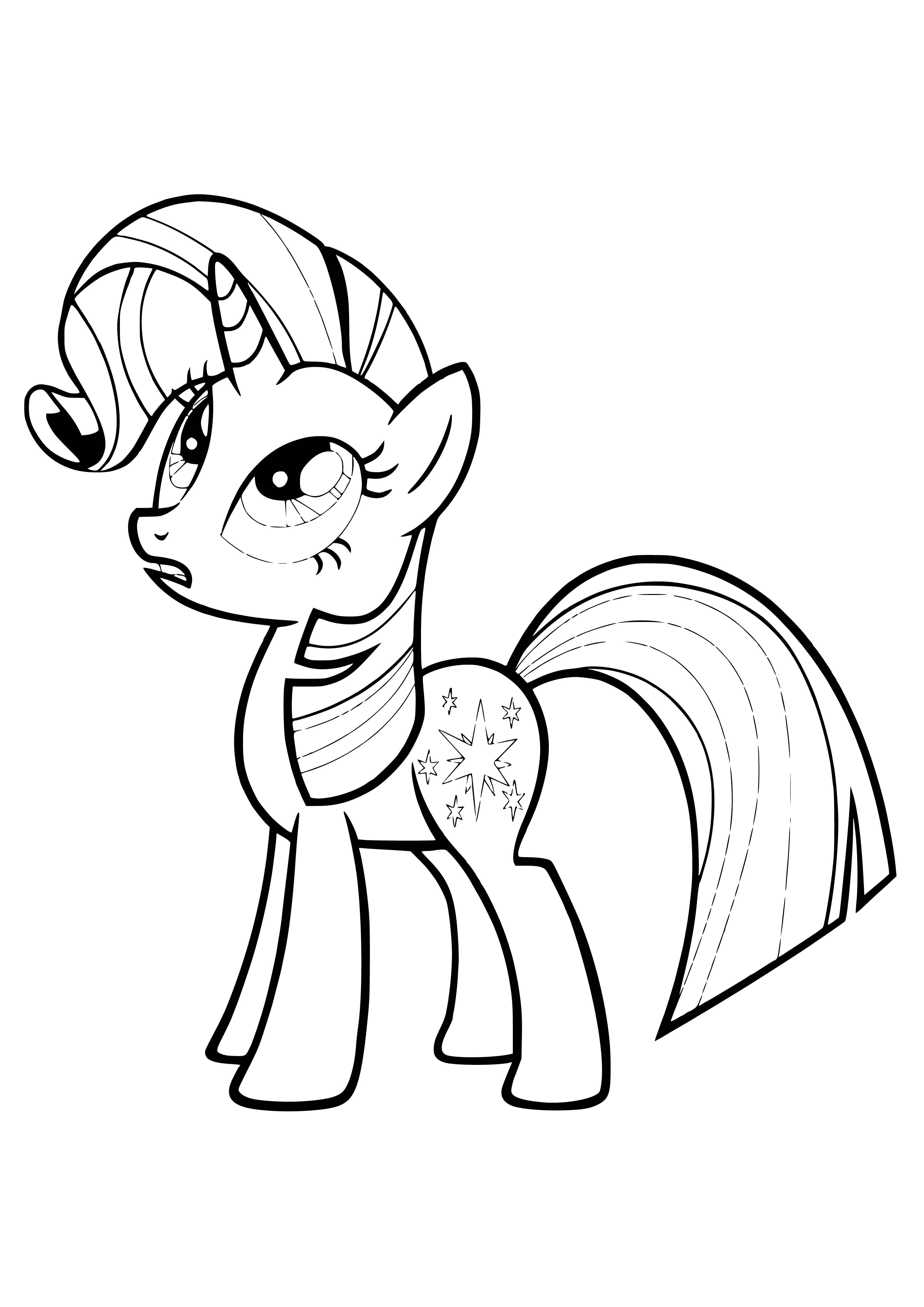 coloring page: A purple unicorn stands intently on green grass before a dark tree, red gem glowing behind her.