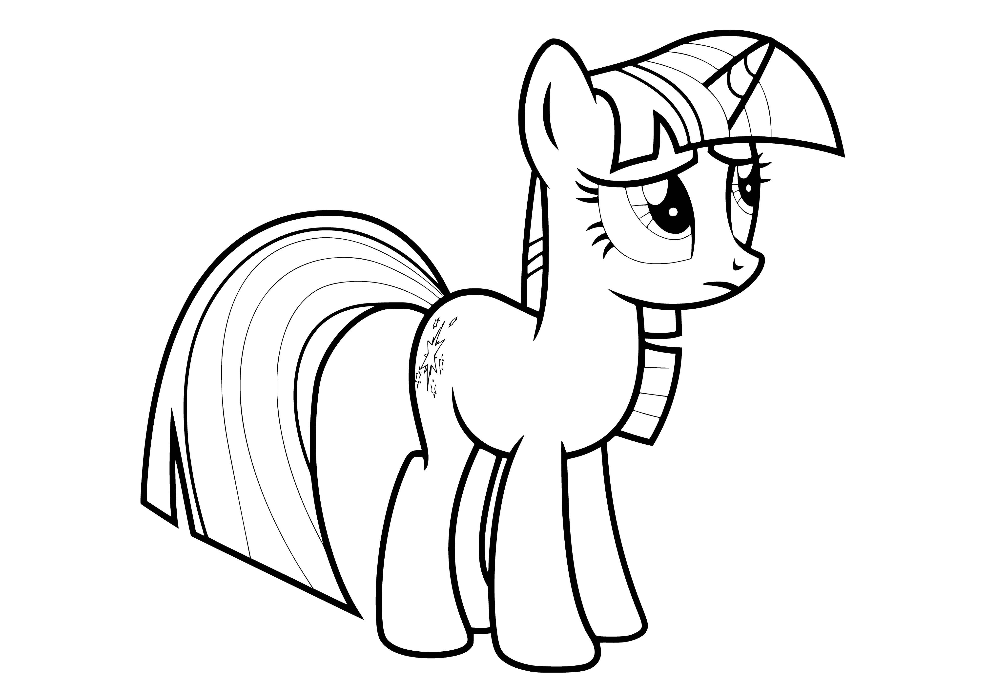 coloring page: Twilight Sparkle stands in an excavation site, looking at something in the distance amongst piles of dirt and rocks.